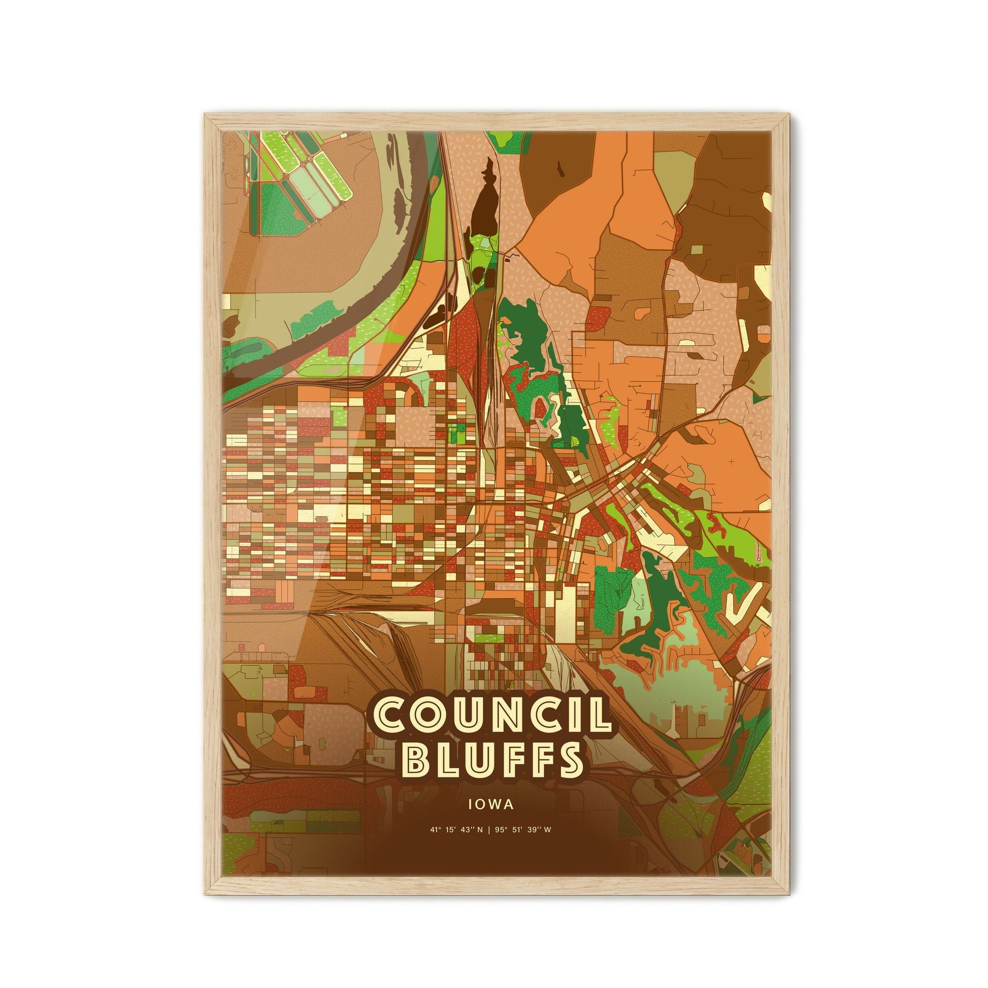 Colorful Council Bluffs Iowa Fine Art Map Farmhouse