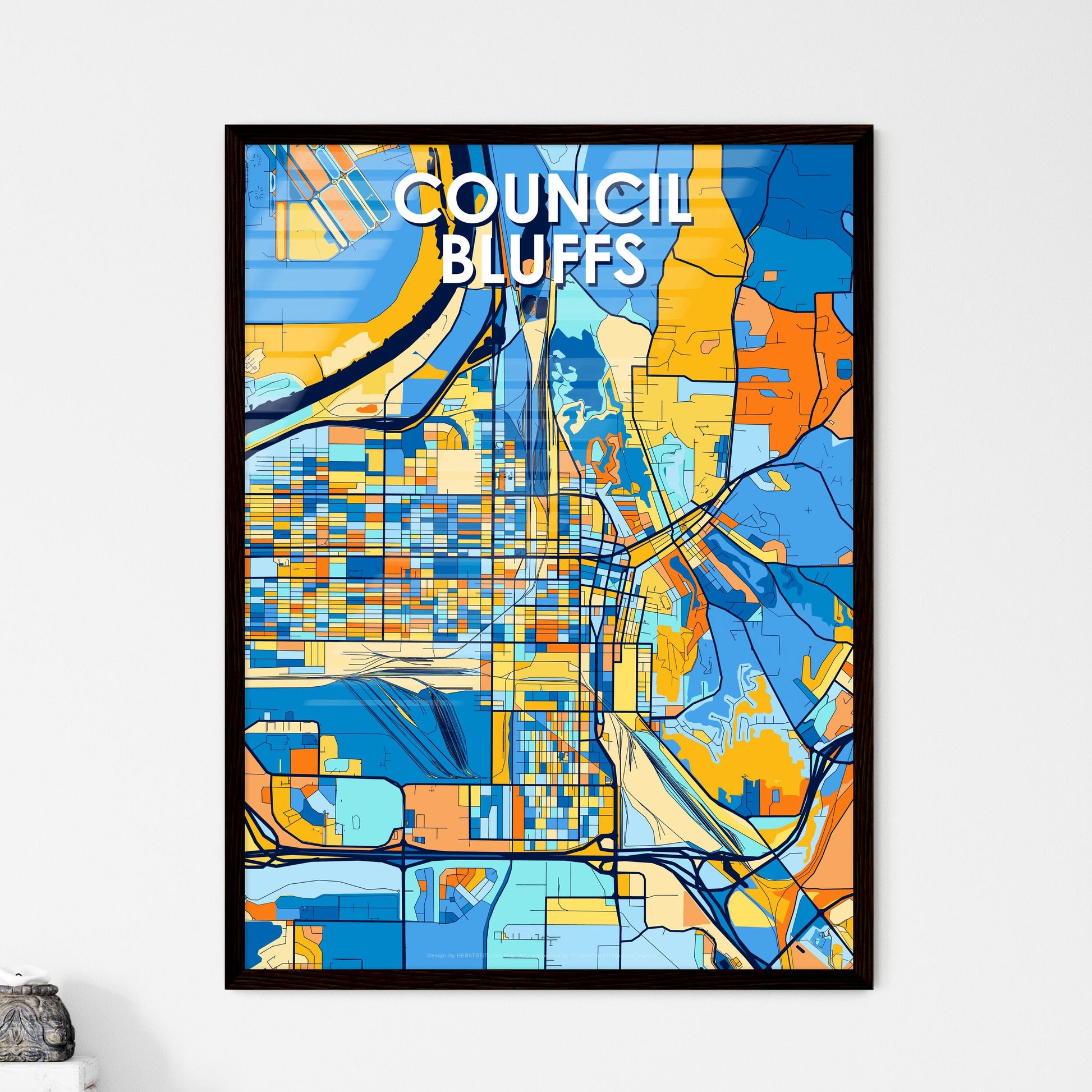 COUNCIL BLUFFS IOWA Vibrant Colorful Art Map Poster Blue Orange