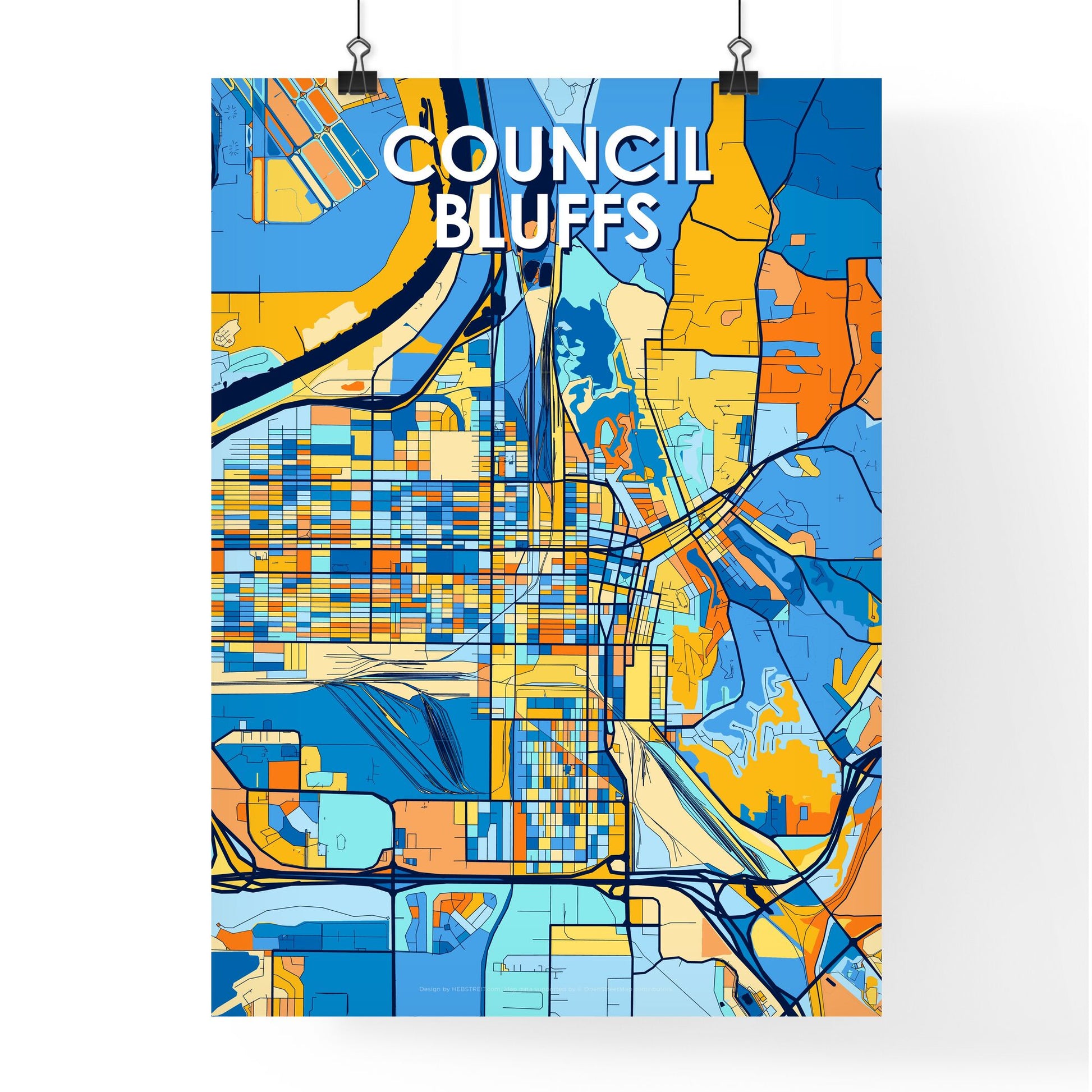 COUNCIL BLUFFS IOWA Vibrant Colorful Art Map Poster Blue Orange