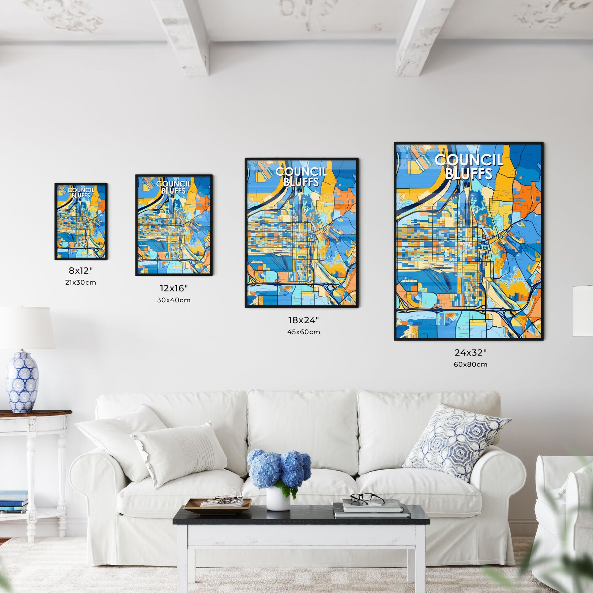 COUNCIL BLUFFS IOWA Vibrant Colorful Art Map Poster Blue Orange