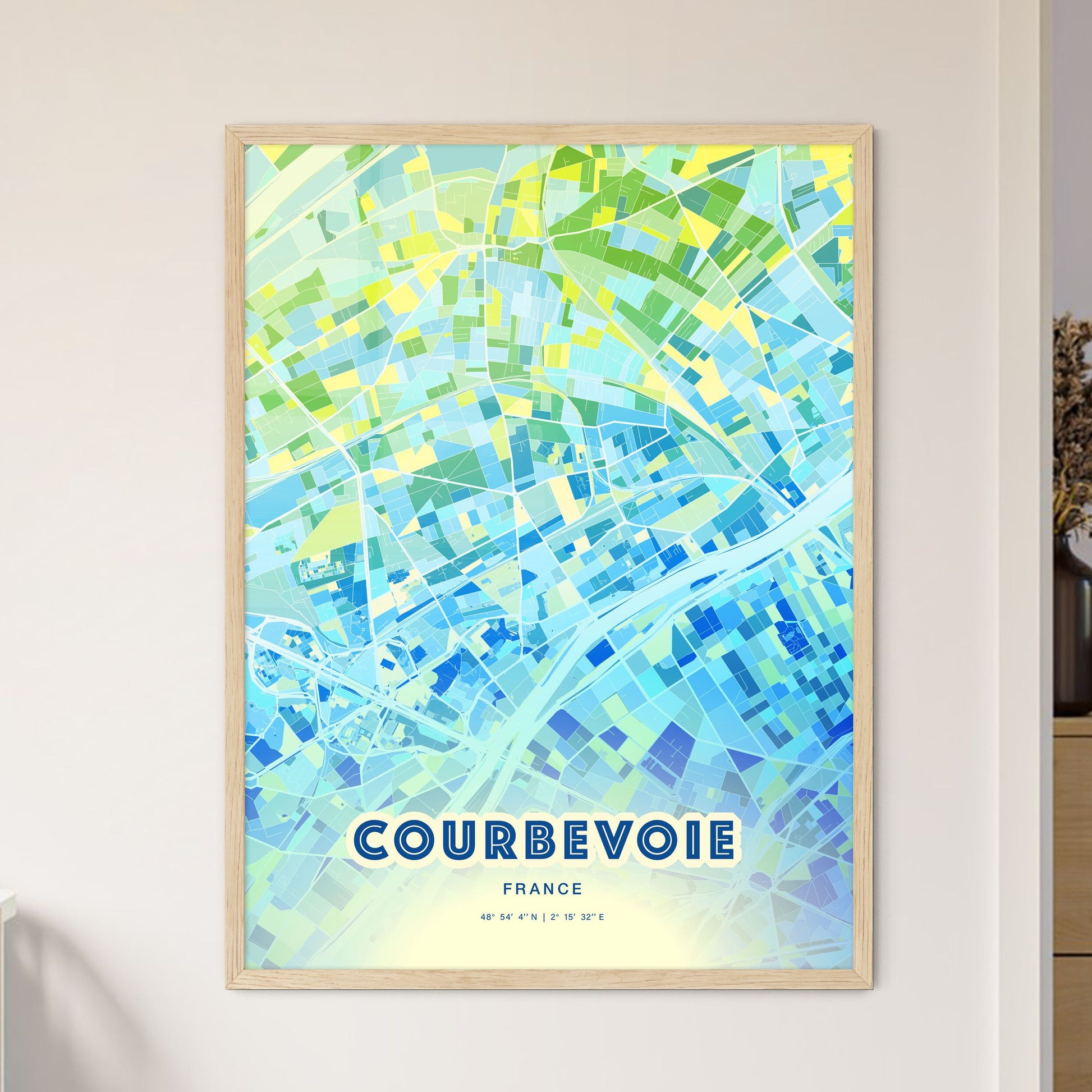 Colorful Courbevoie France Fine Art Map Cool Blue