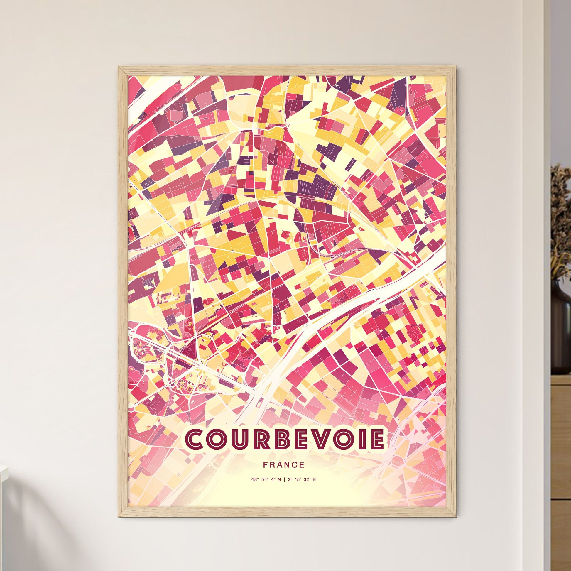 Colorful Courbevoie France Fine Art Map Hot Red