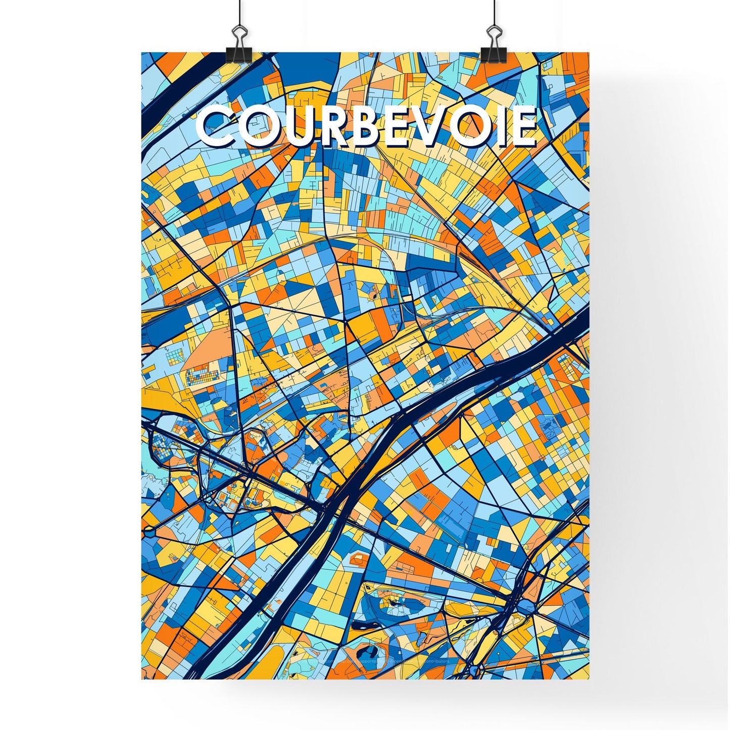 COURBEVOIE FRANCE Vibrant Colorful Art Map Poster Blue Orange