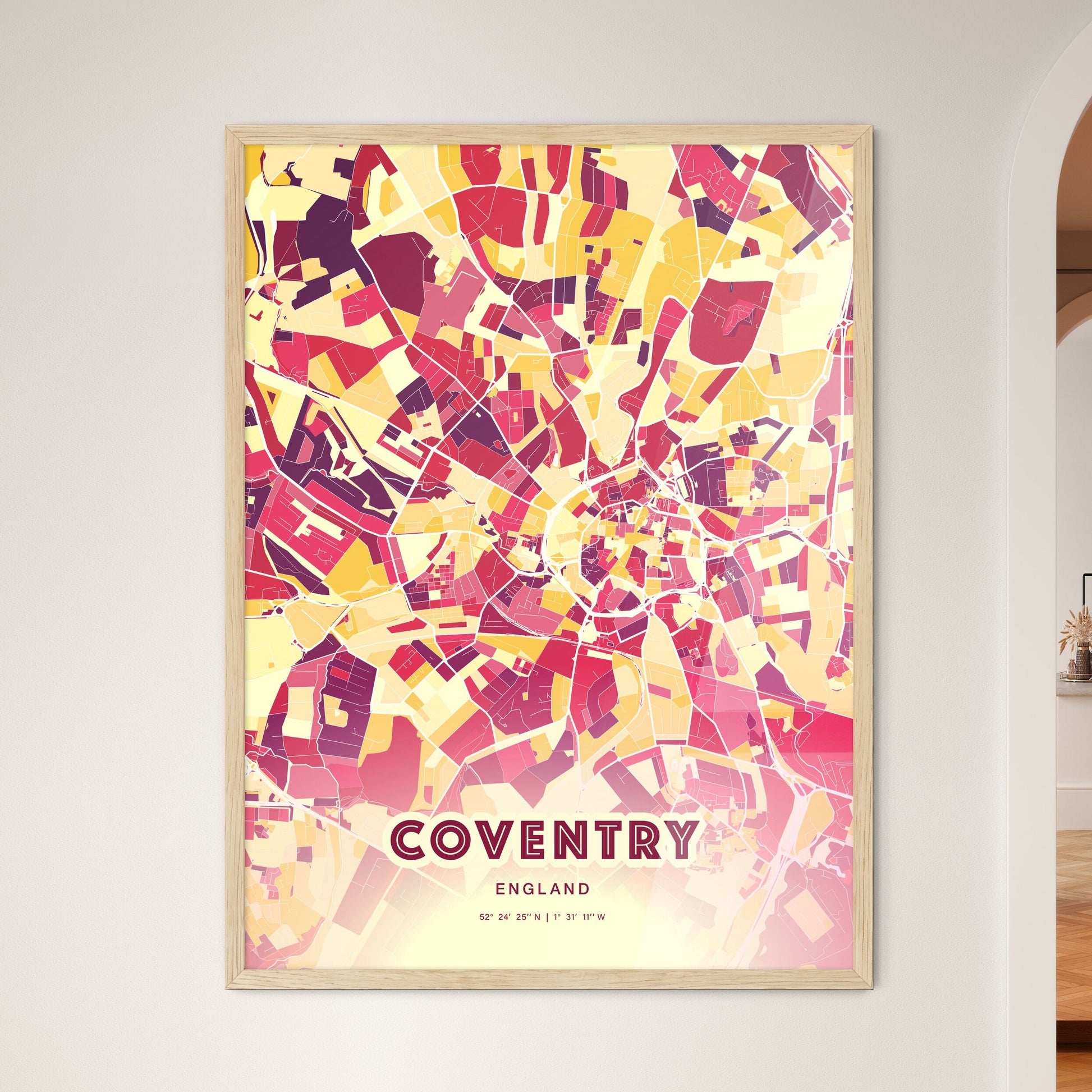 Colorful Coventry England Fine Art Map Hot Red
