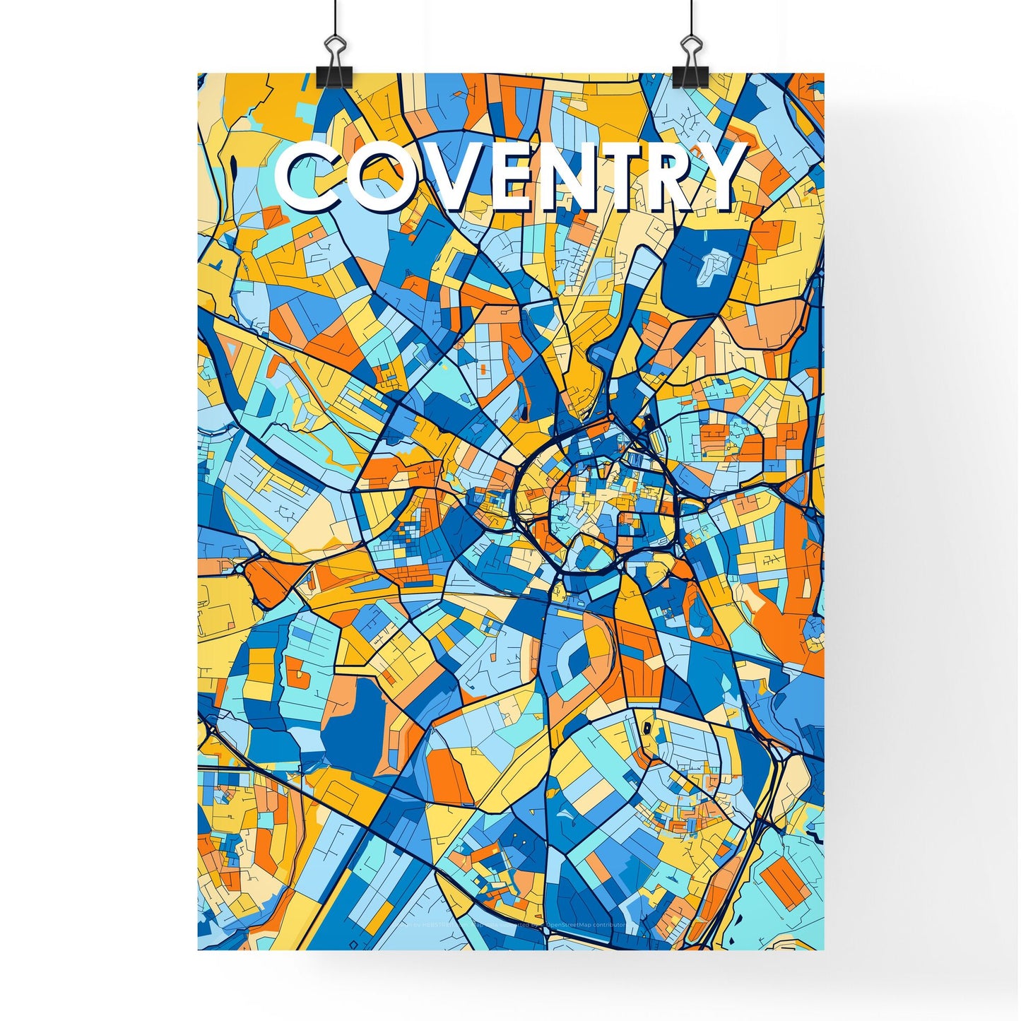 COVENTRY ENGLAND Vibrant Colorful Art Map Poster Blue Orange