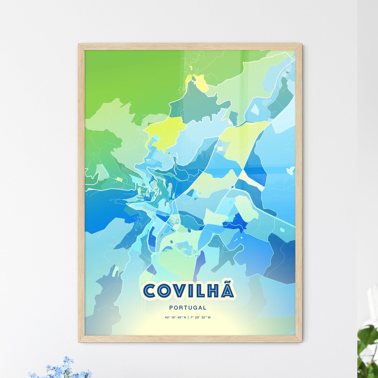 Colorful Covilhã Portugal Fine Art Map Cool Blue