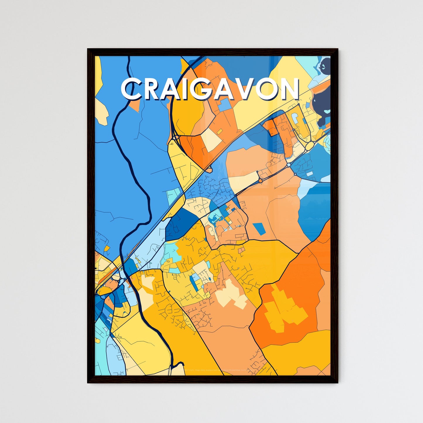 CRAIGAVON NORTHERN IRELAND Vibrant Colorful Art Map Poster Blue Orange