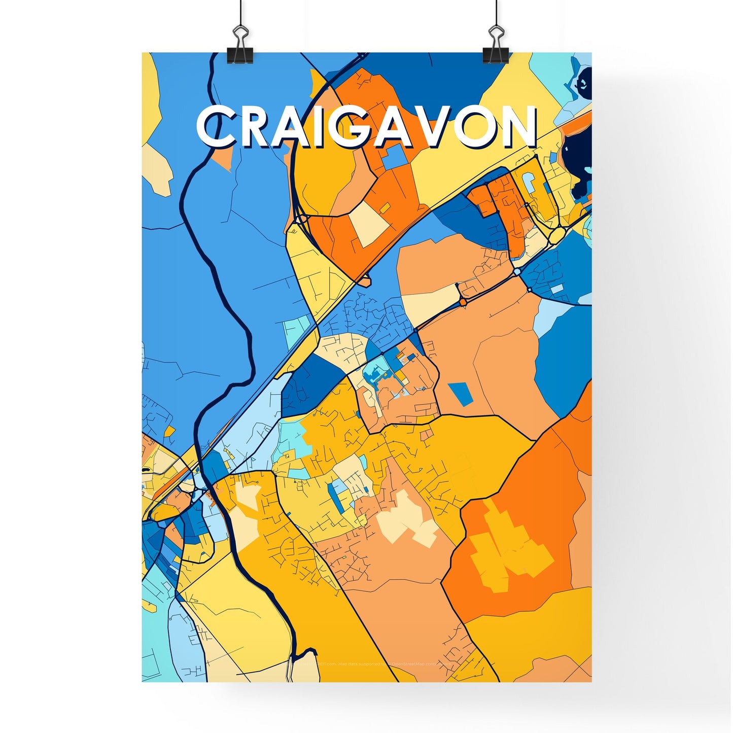 CRAIGAVON NORTHERN IRELAND Vibrant Colorful Art Map Poster Blue Orange