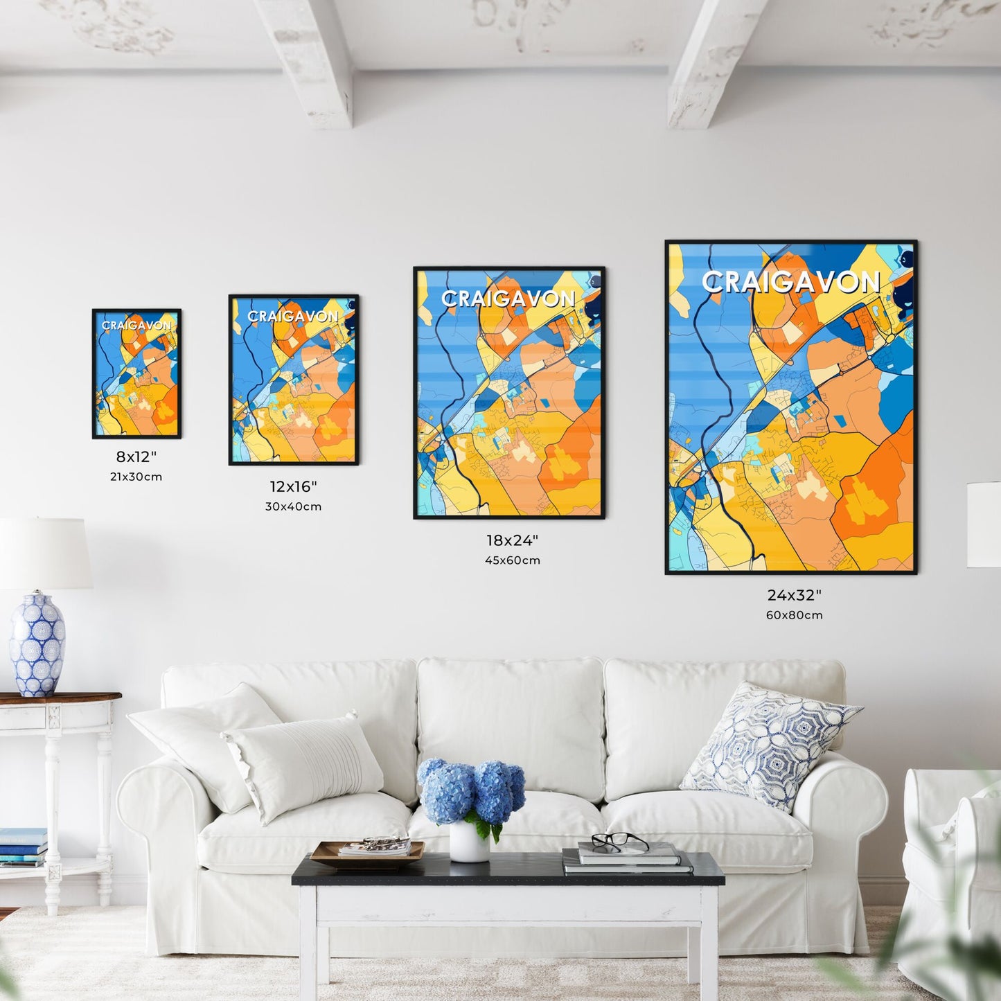 CRAIGAVON NORTHERN IRELAND Vibrant Colorful Art Map Poster Blue Orange