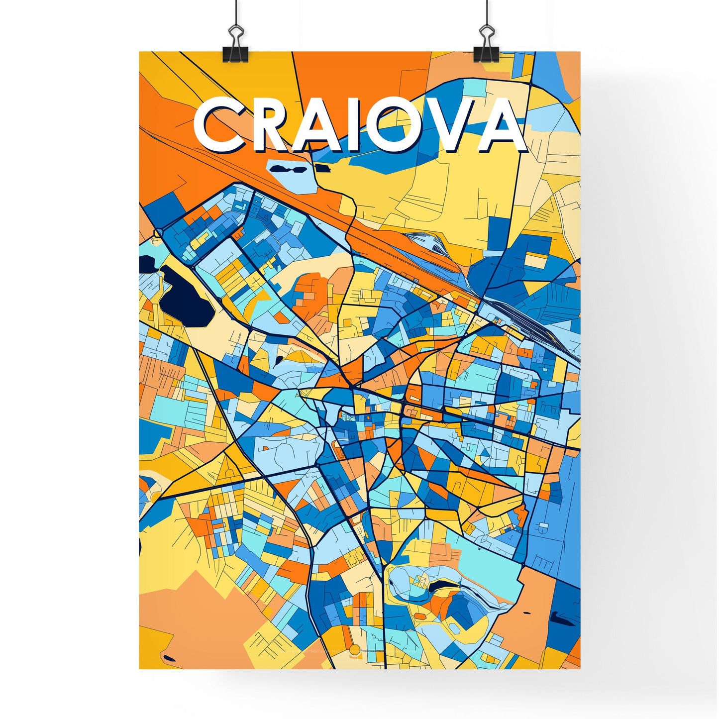 CRAIOVA ROMANIA Vibrant Colorful Art Map Poster Blue Orange