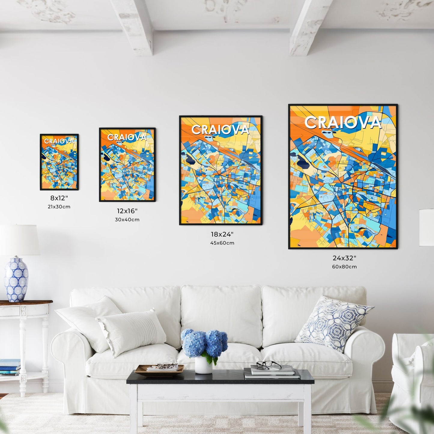 CRAIOVA ROMANIA Vibrant Colorful Art Map Poster Blue Orange