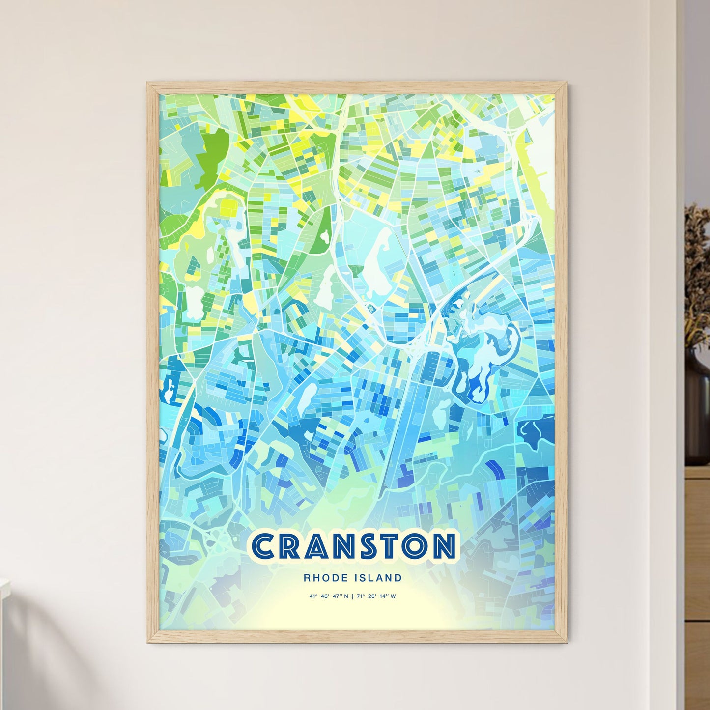 Colorful Cranston Rhode Island Fine Art Map Cool Blue