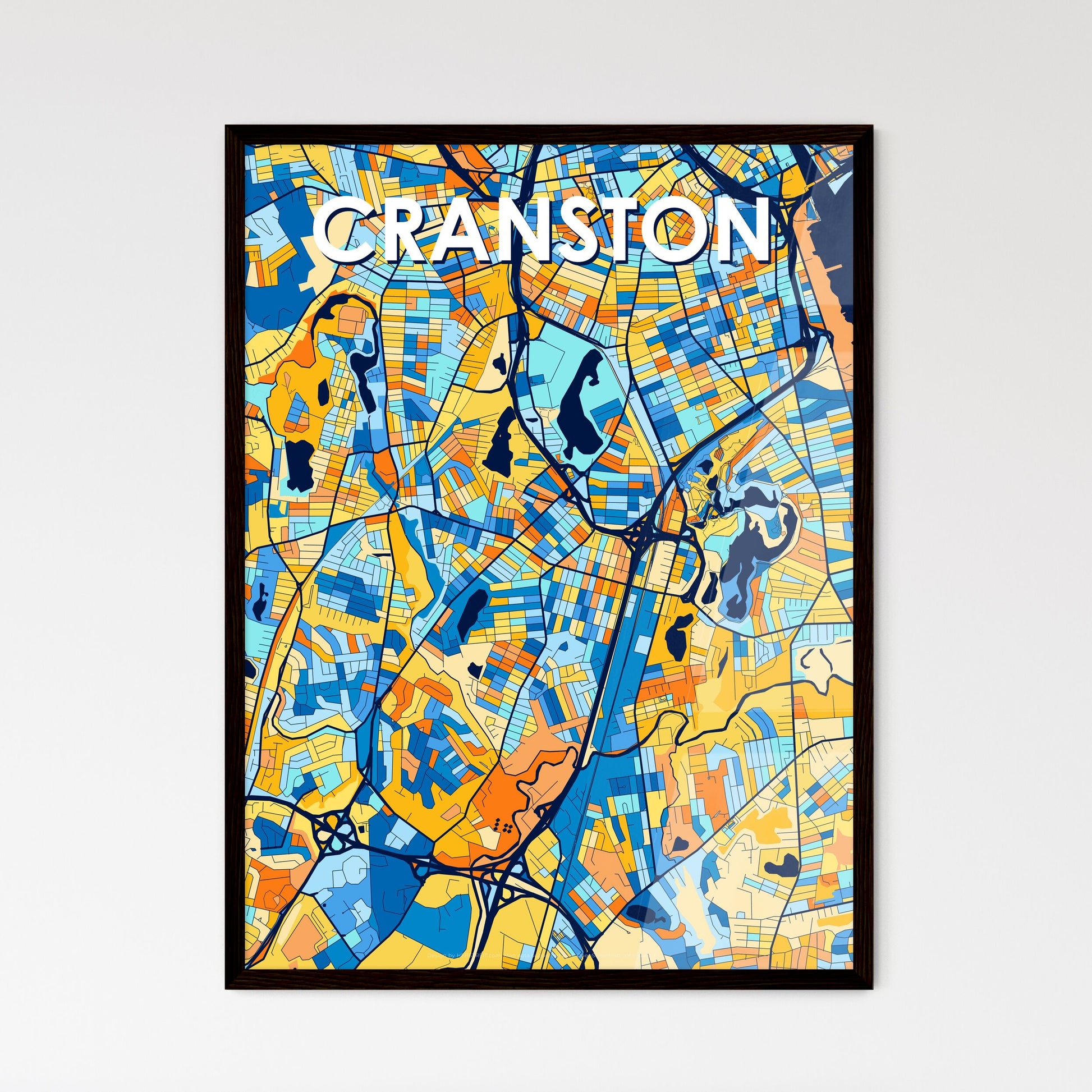 CRANSTON RHODE ISLAND Vibrant Colorful Art Map Poster Blue Orange