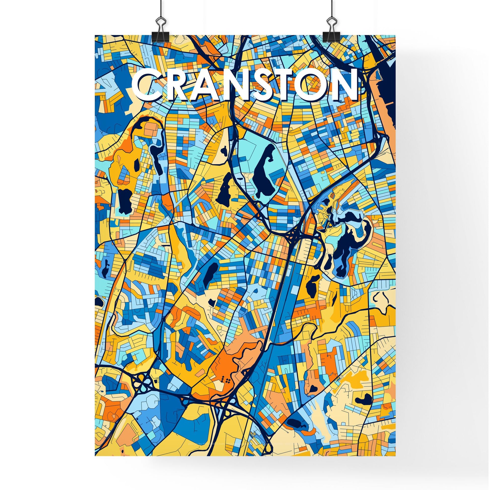 CRANSTON RHODE ISLAND Vibrant Colorful Art Map Poster Blue Orange