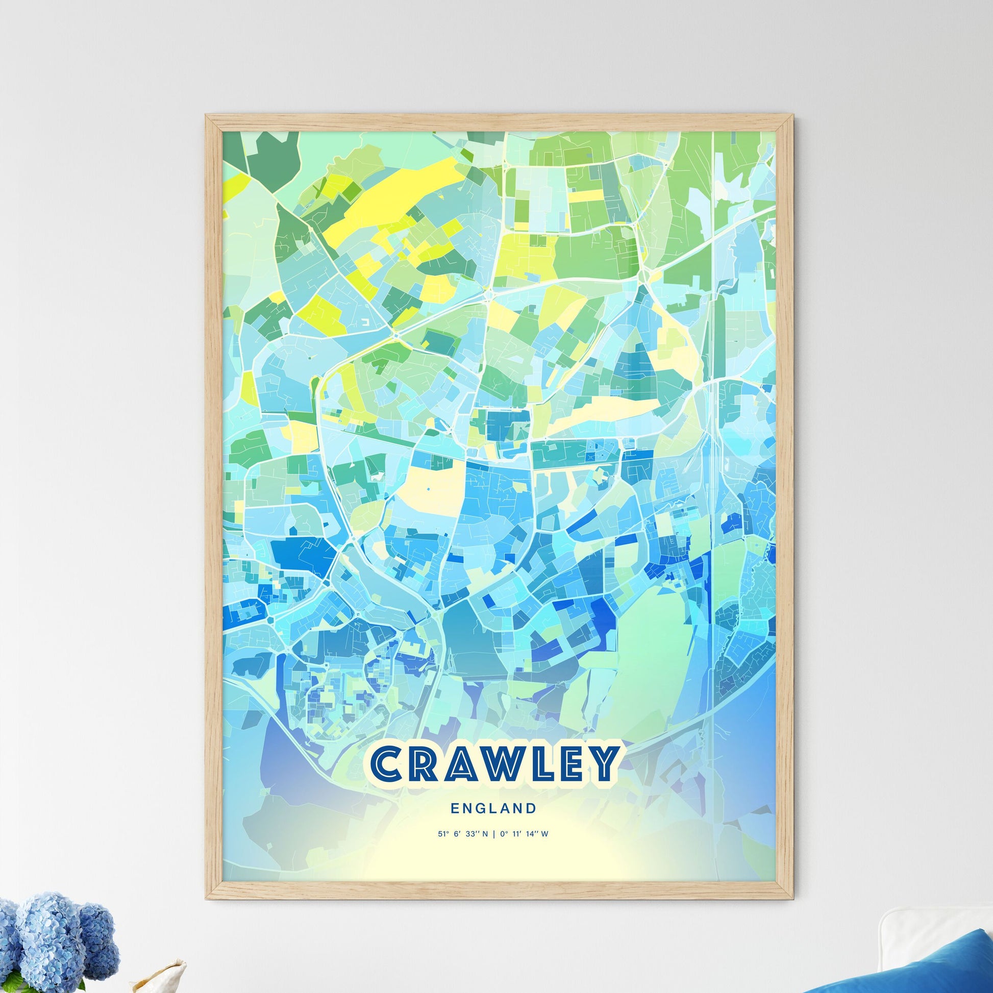 Colorful Crawley England Fine Art Map Cool Blue