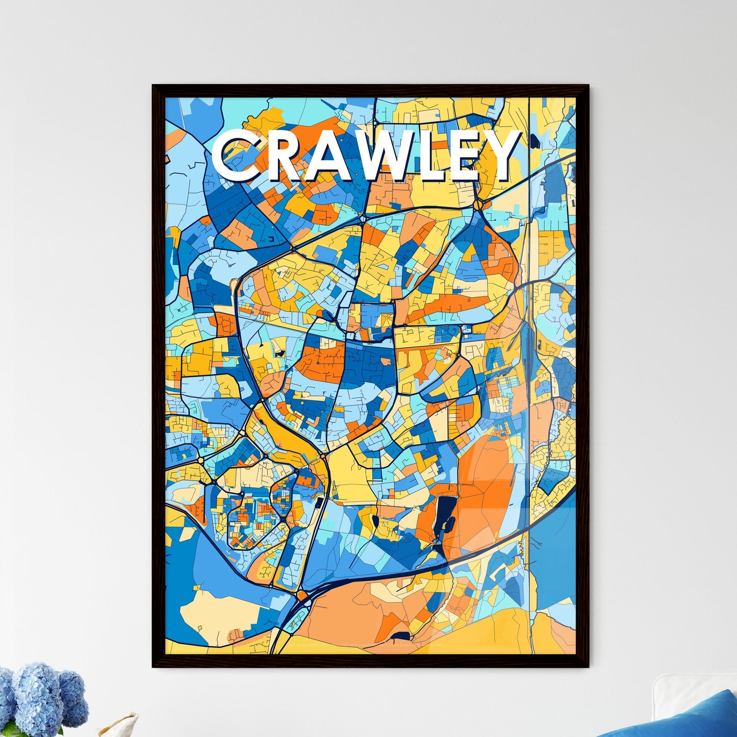 CRAWLEY ENGLAND Vibrant Colorful Art Map Poster Blue Orange