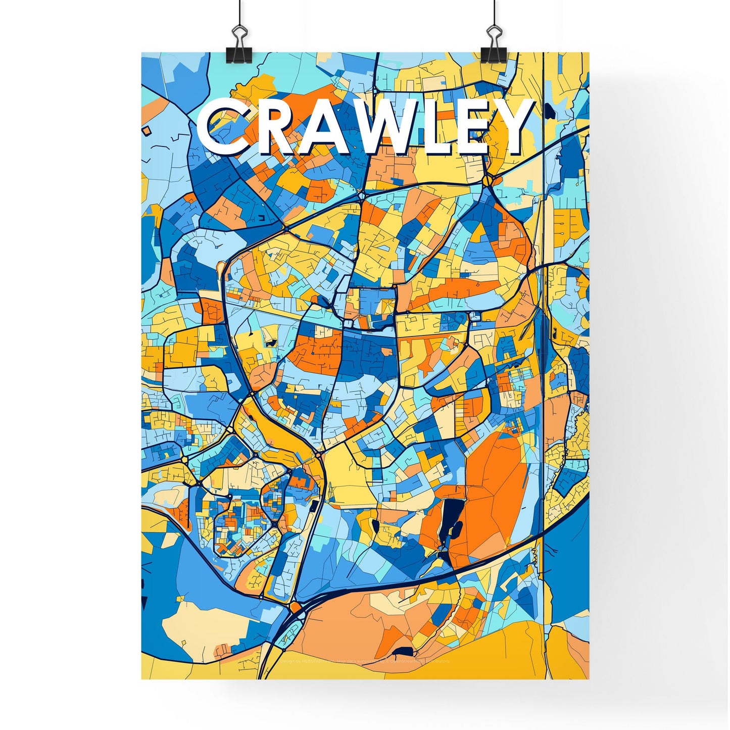 CRAWLEY ENGLAND Vibrant Colorful Art Map Poster Blue Orange