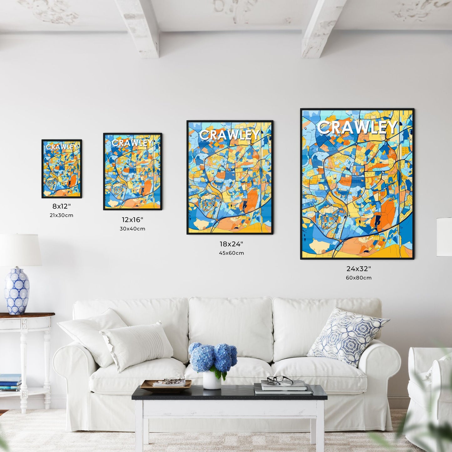 CRAWLEY ENGLAND Vibrant Colorful Art Map Poster Blue Orange