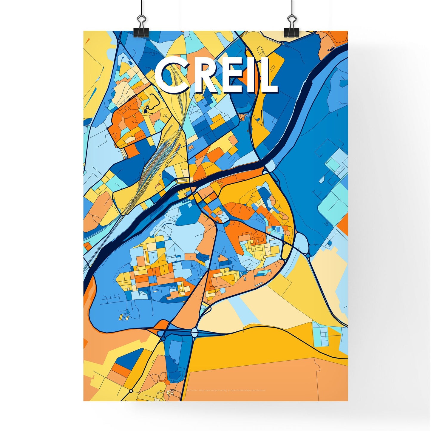 CREIL FRANCE Vibrant Colorful Art Map Poster Blue Orange