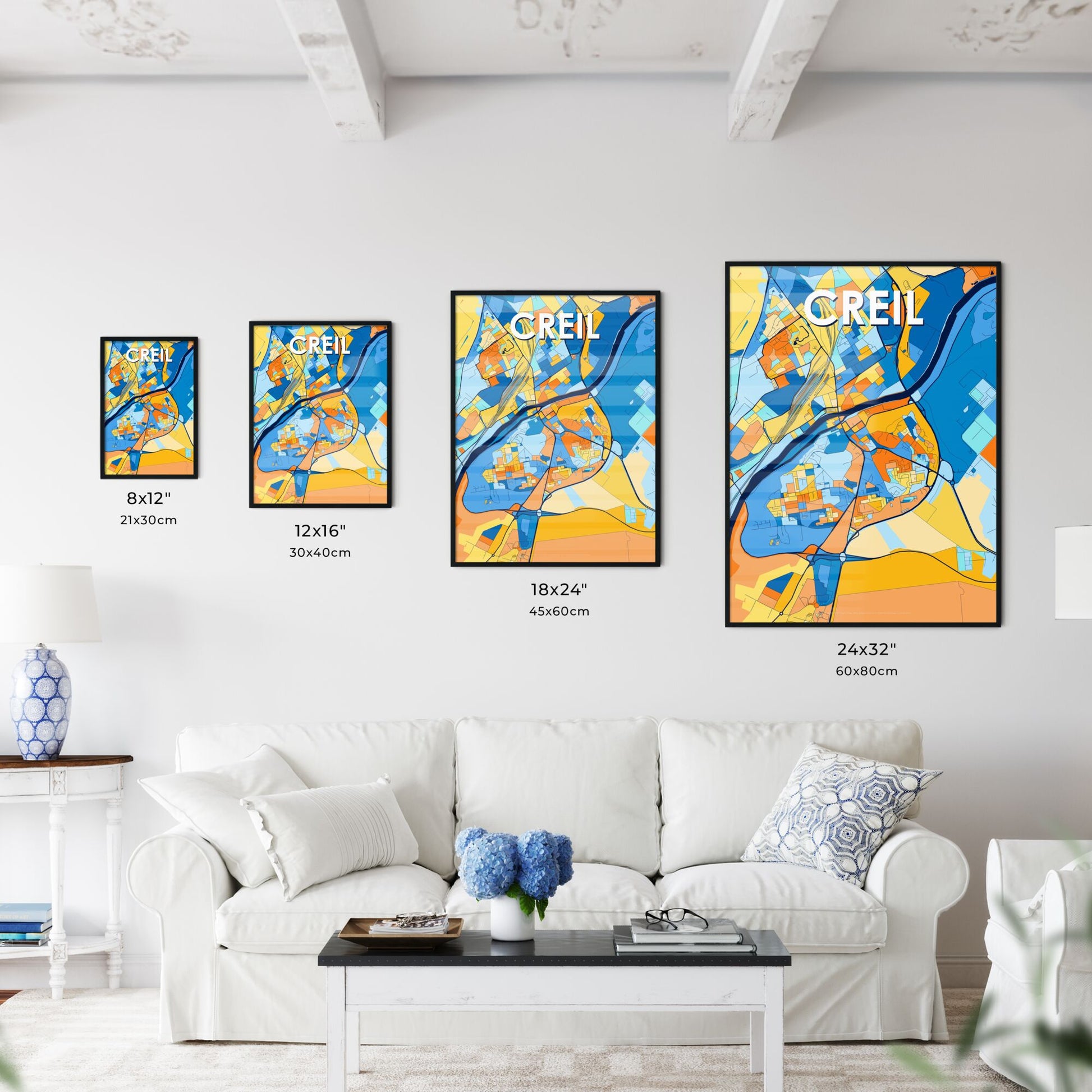 CREIL FRANCE Vibrant Colorful Art Map Poster Blue Orange