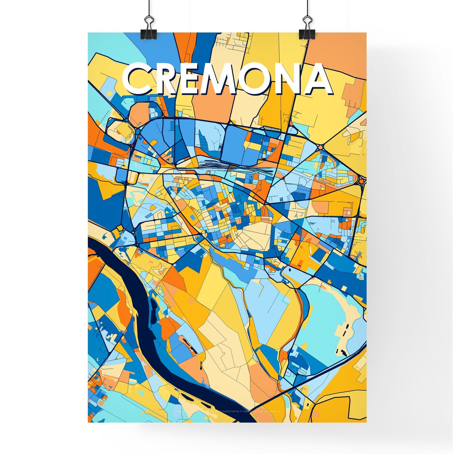 CREMONA ITALY Vibrant Colorful Art Map Poster Blue Orange