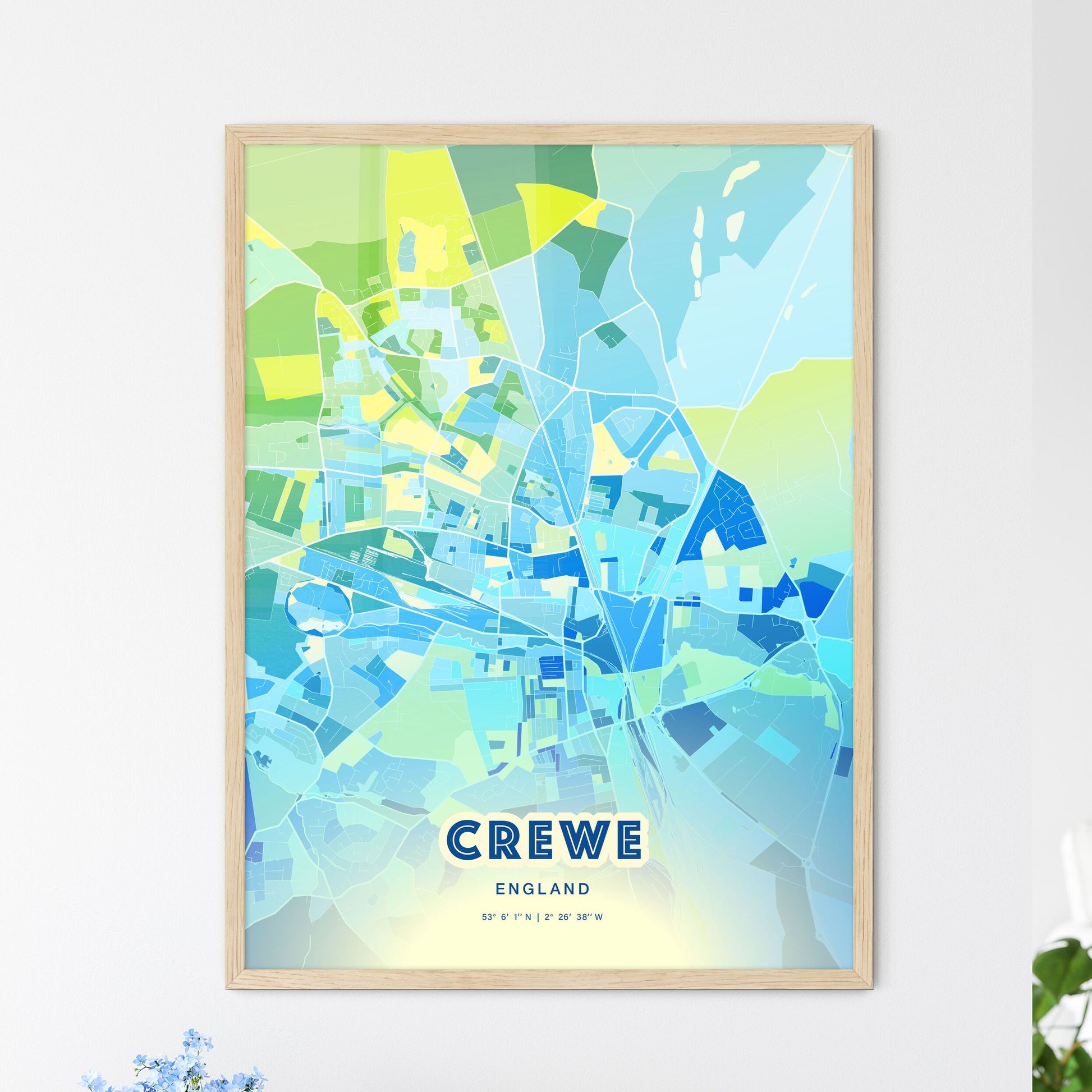 Colorful Crewe England Fine Art Map Cool Blue