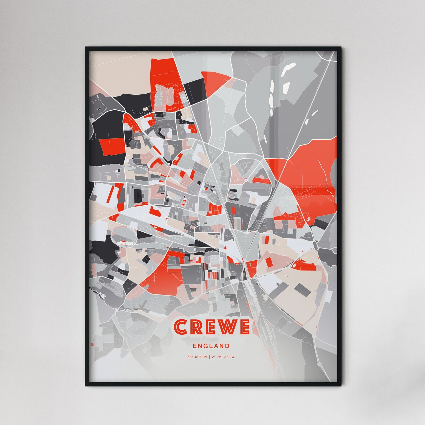 Colorful Crewe England Fine Art Map Modern Expressive