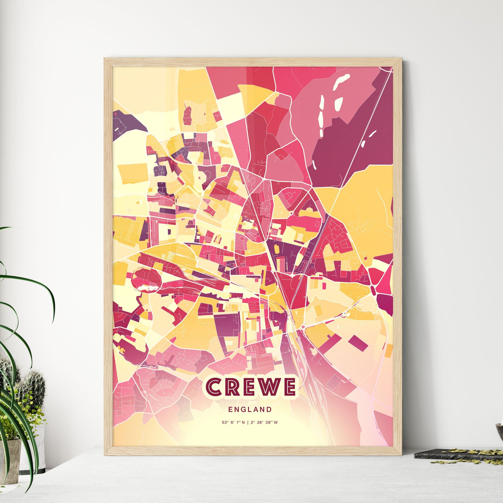 Colorful Crewe England Fine Art Map Hot Red