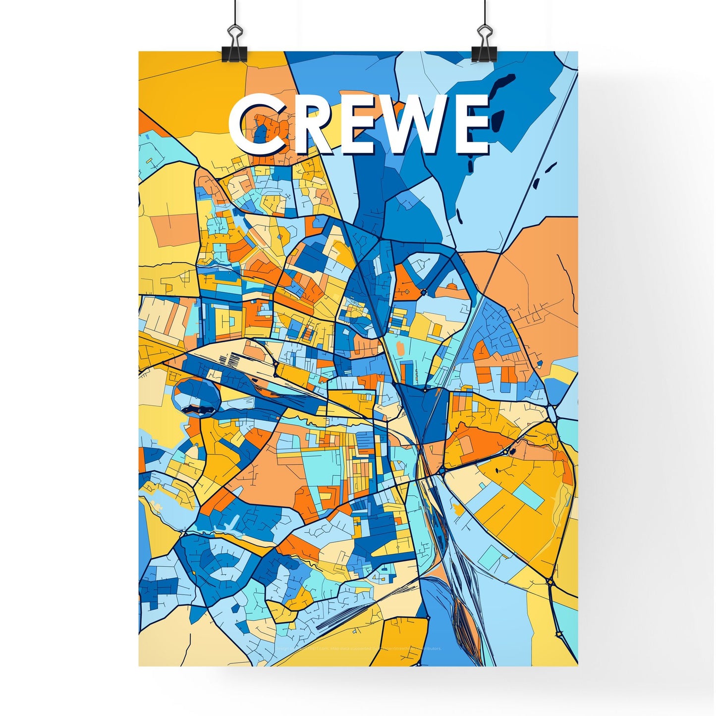 CREWE ENGLAND Vibrant Colorful Art Map Poster Blue Orange