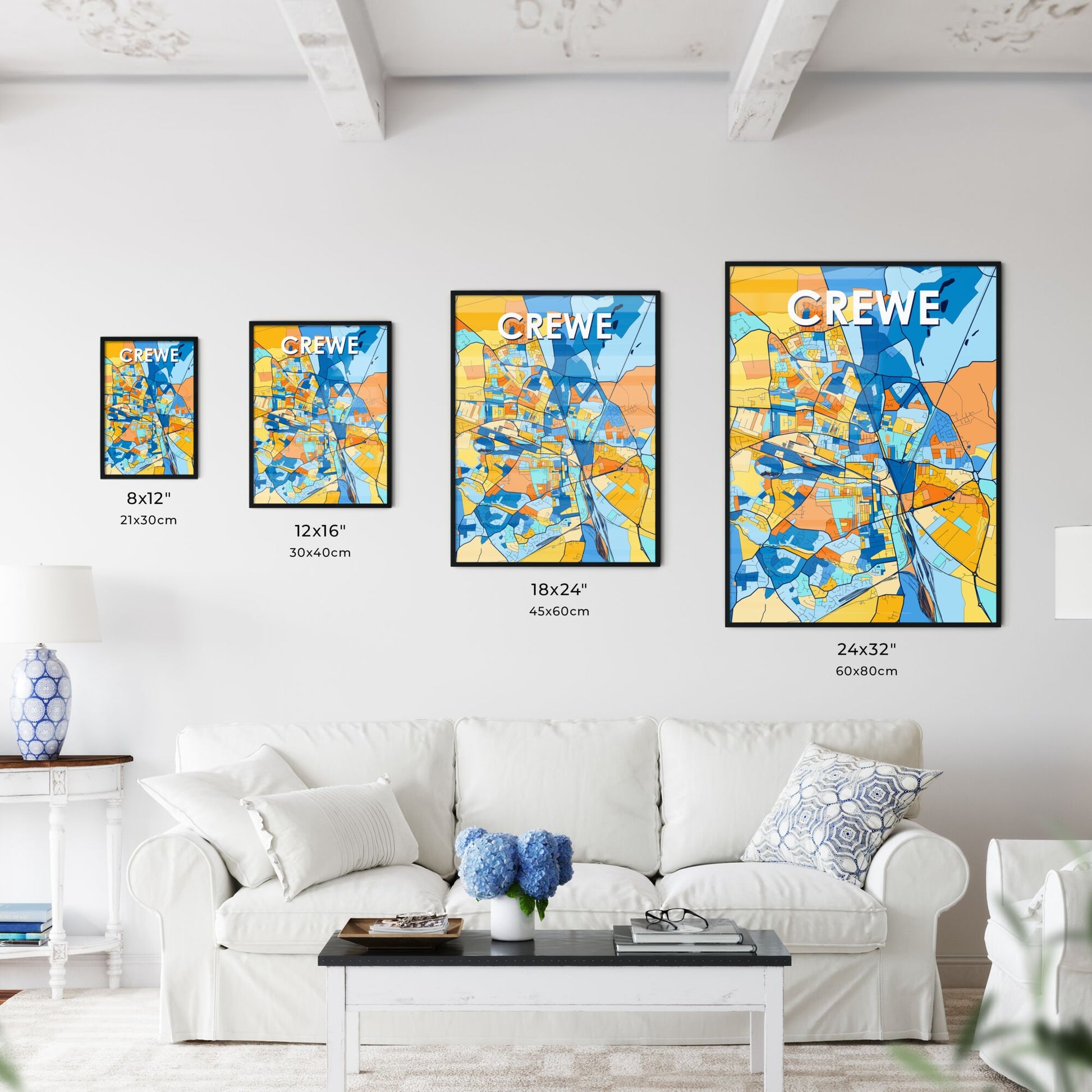 CREWE ENGLAND Vibrant Colorful Art Map Poster Blue Orange