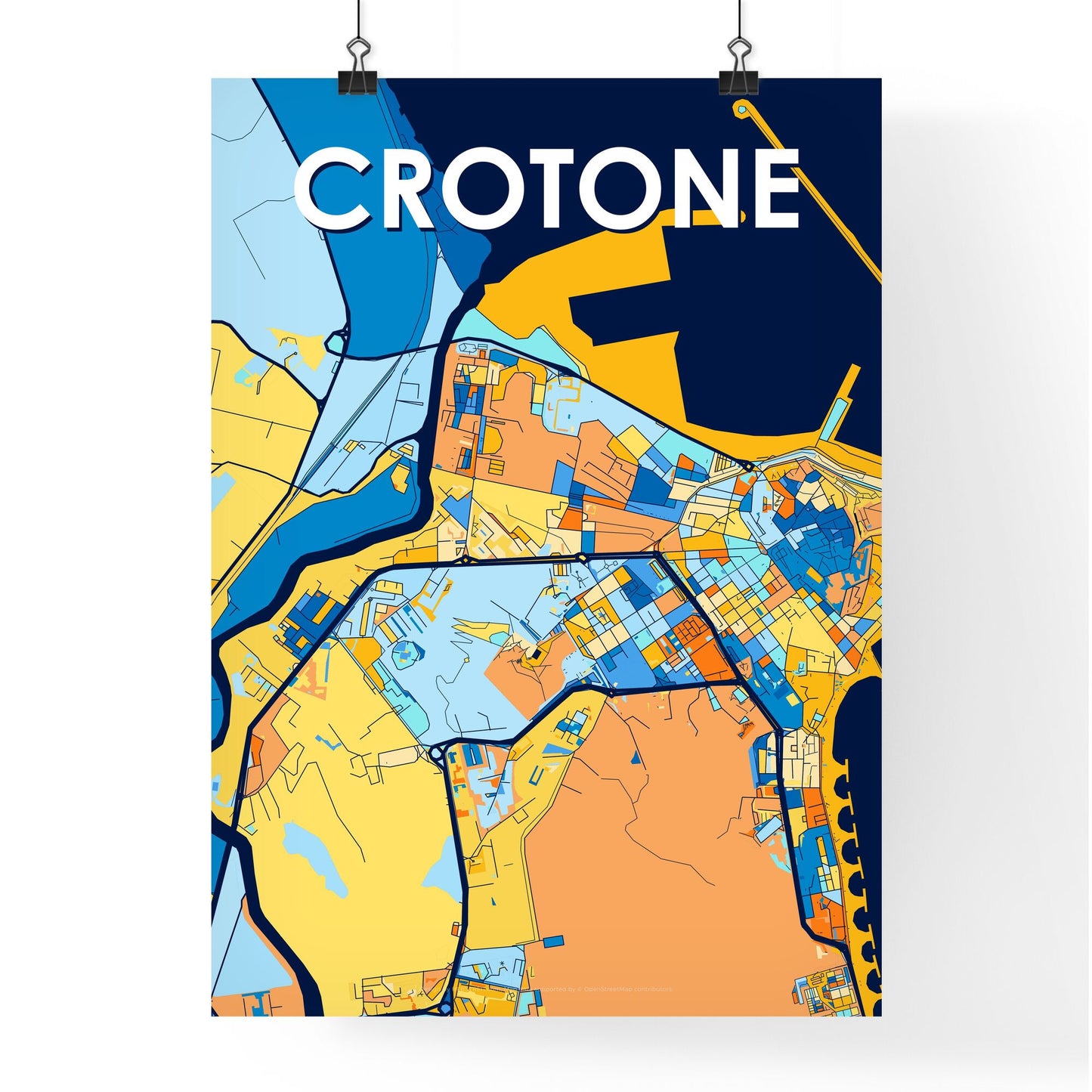 CROTONE ITALY Vibrant Colorful Art Map Poster Blue Orange