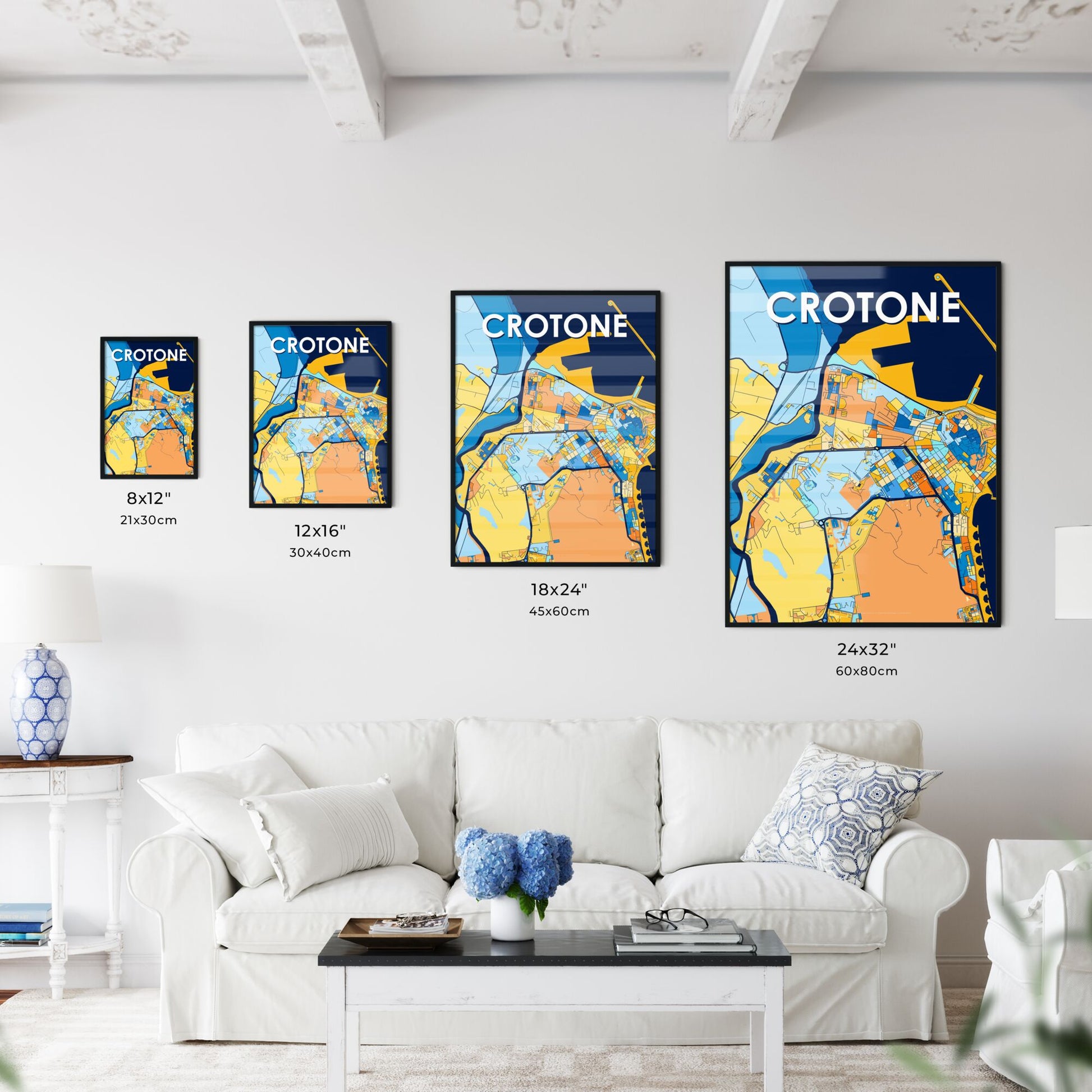 CROTONE ITALY Vibrant Colorful Art Map Poster Blue Orange