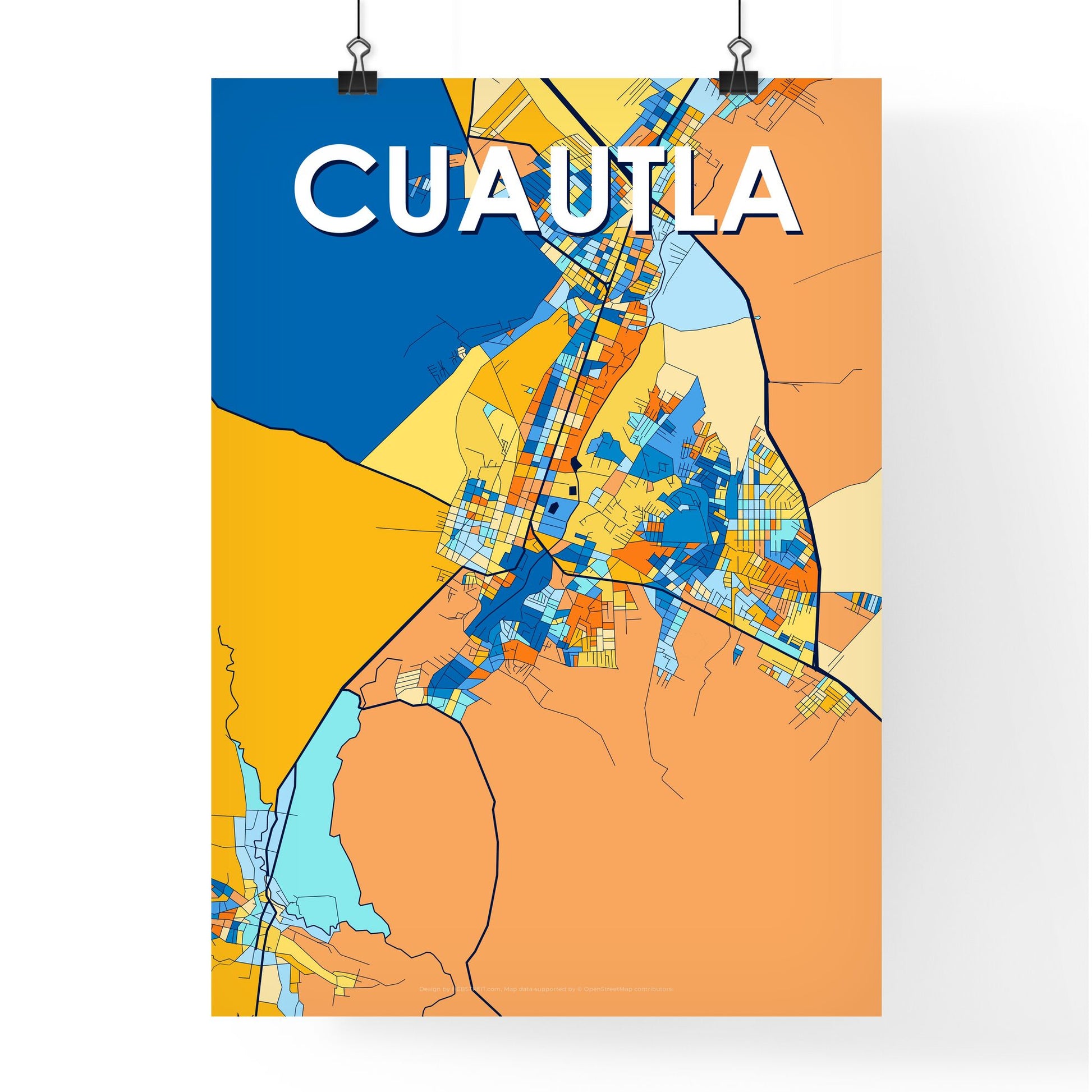 CUAUTLA MEXICO Vibrant Colorful Art Map Poster Blue Orange