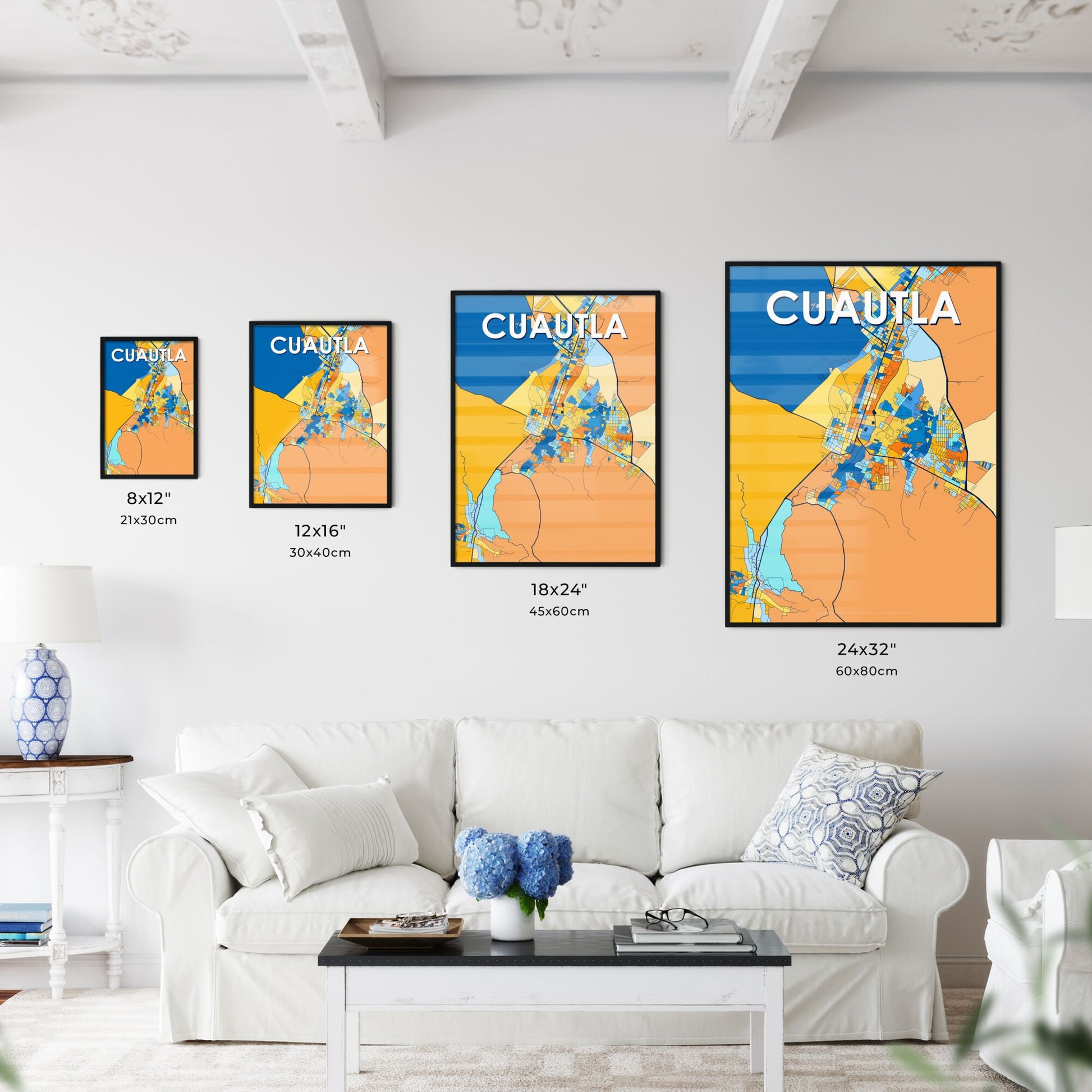 CUAUTLA MEXICO Vibrant Colorful Art Map Poster Blue Orange