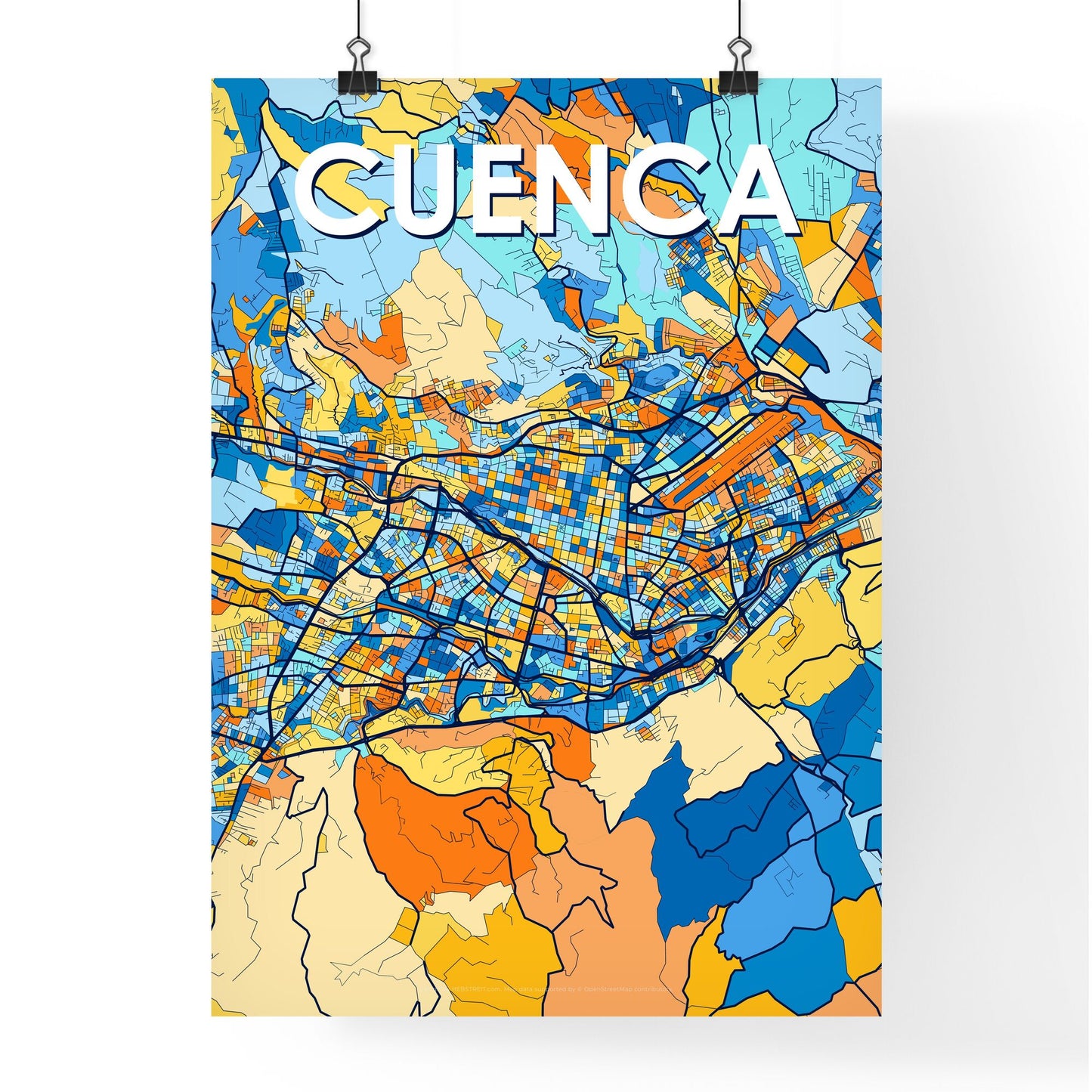 CUENCA ECUADOR Vibrant Colorful Art Map Poster Blue Orange