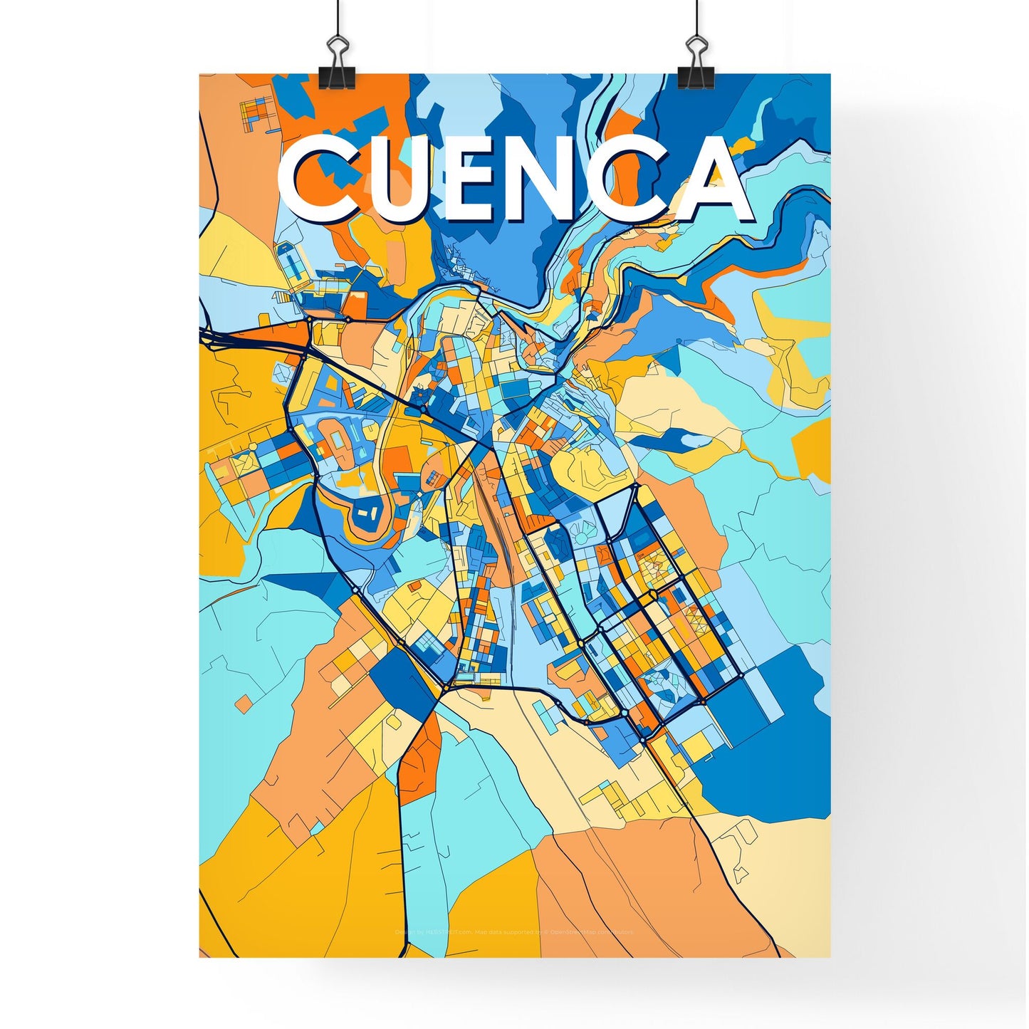 CUENCA SPAIN Vibrant Colorful Art Map Poster Blue Orange