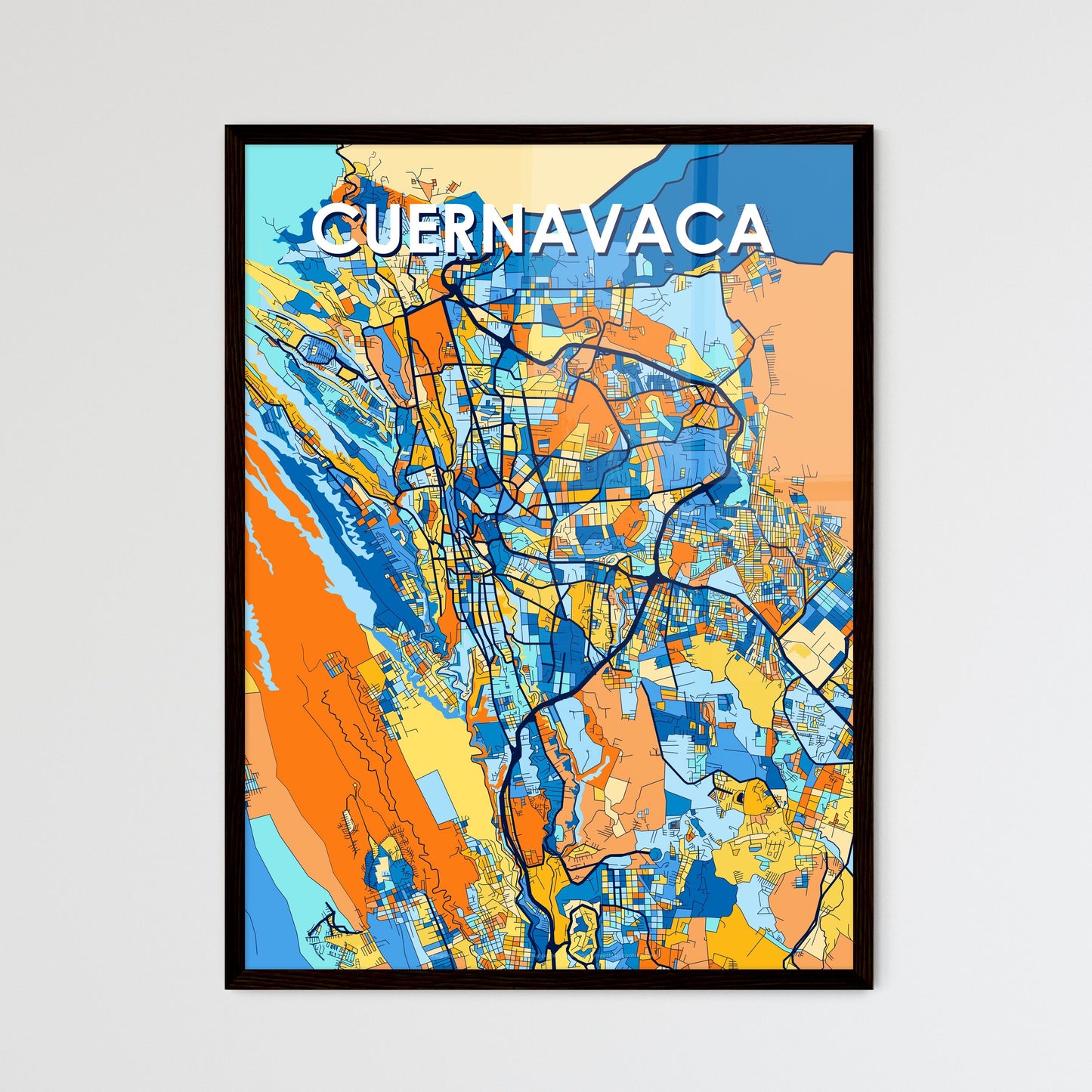 CUERNAVACA MEXICO Vibrant Colorful Art Map Poster Blue Orange