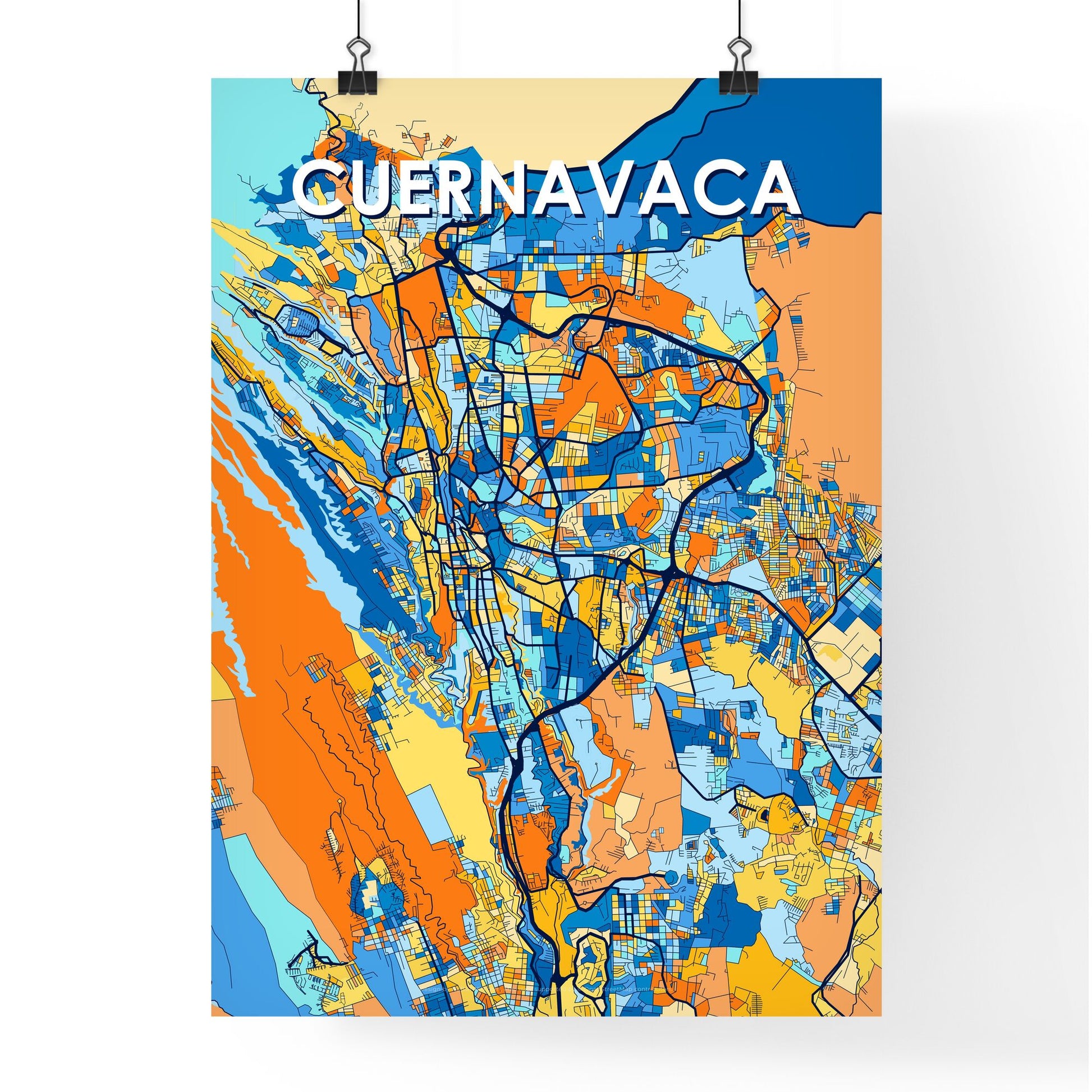 CUERNAVACA MEXICO Vibrant Colorful Art Map Poster Blue Orange