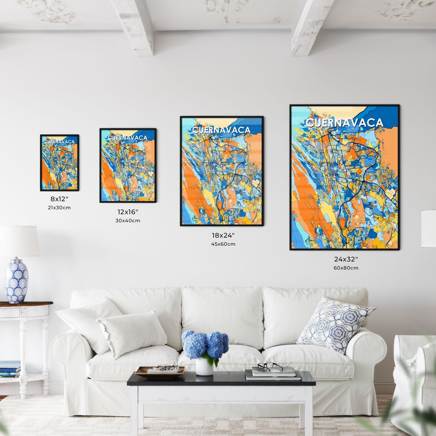 CUERNAVACA MEXICO Vibrant Colorful Art Map Poster Blue Orange