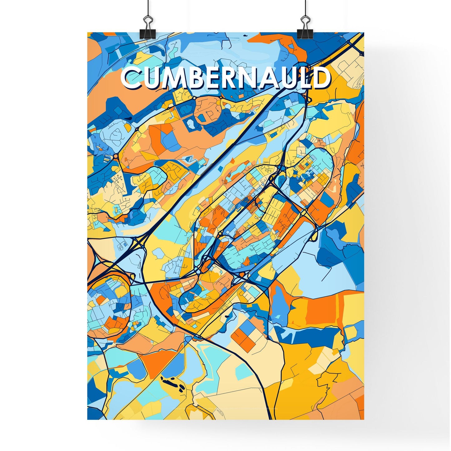 CUMBERNAULD SCOTLAND Vibrant Colorful Art Map Poster Blue Orange