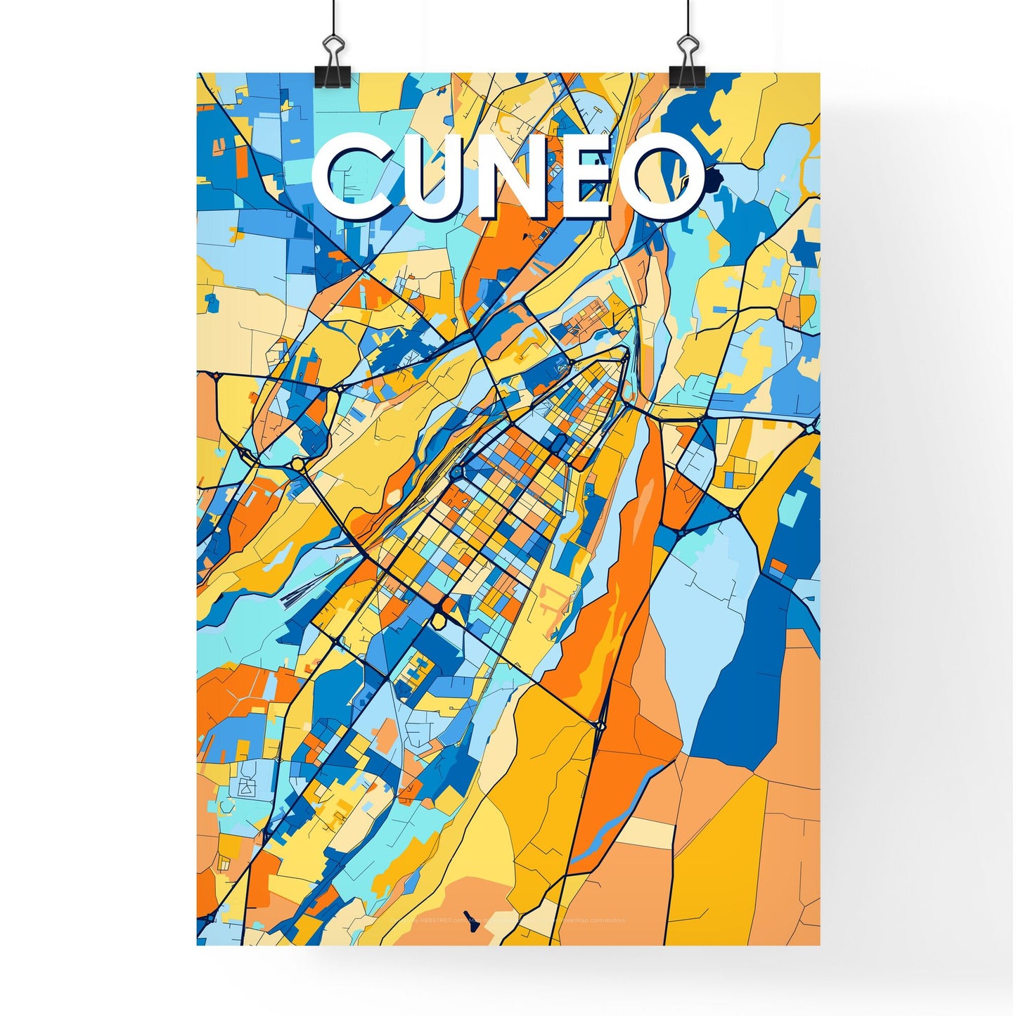 CUNEO ITALY Vibrant Colorful Art Map Poster Blue Orange