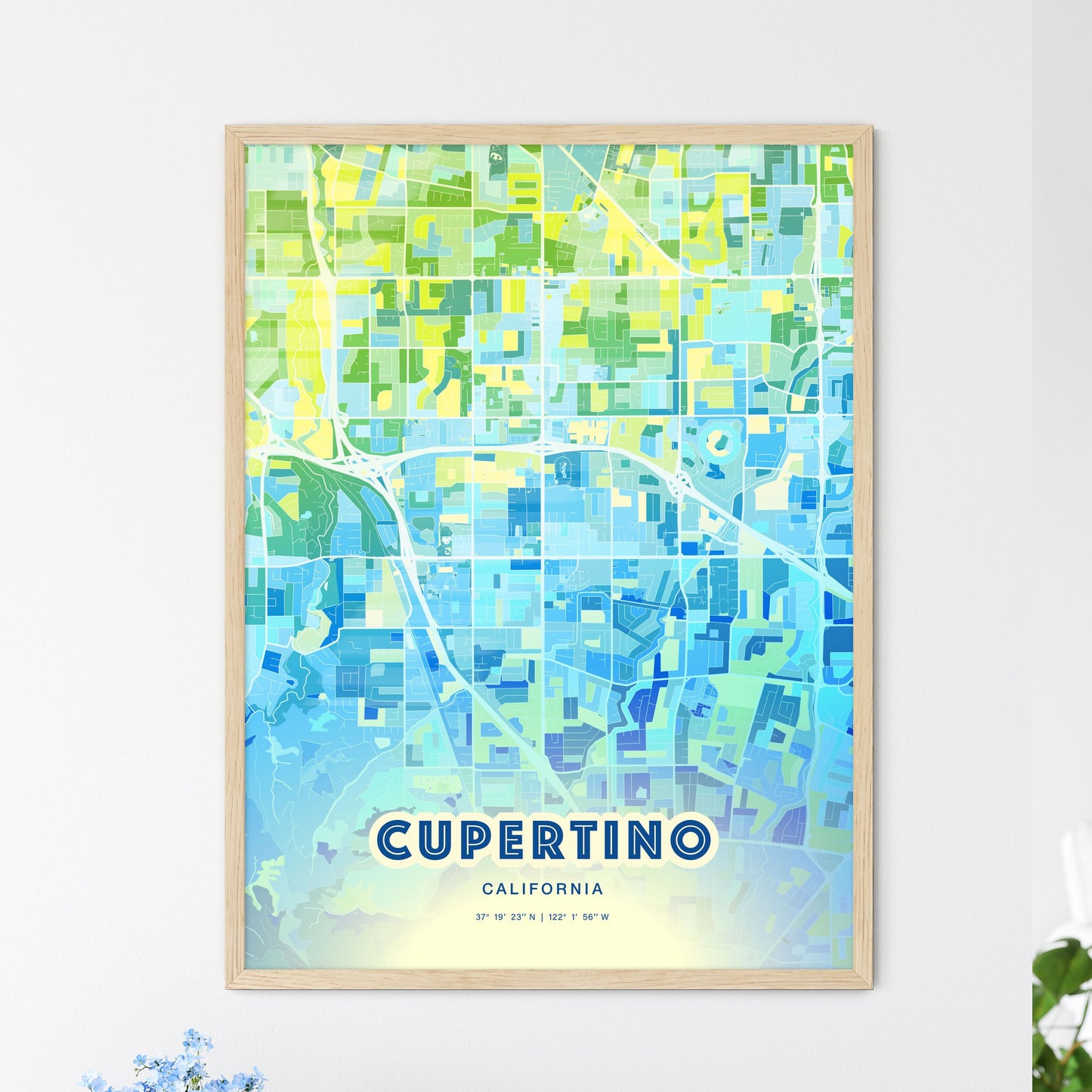 Colorful Cupertino California Fine Art Map Cool Blue