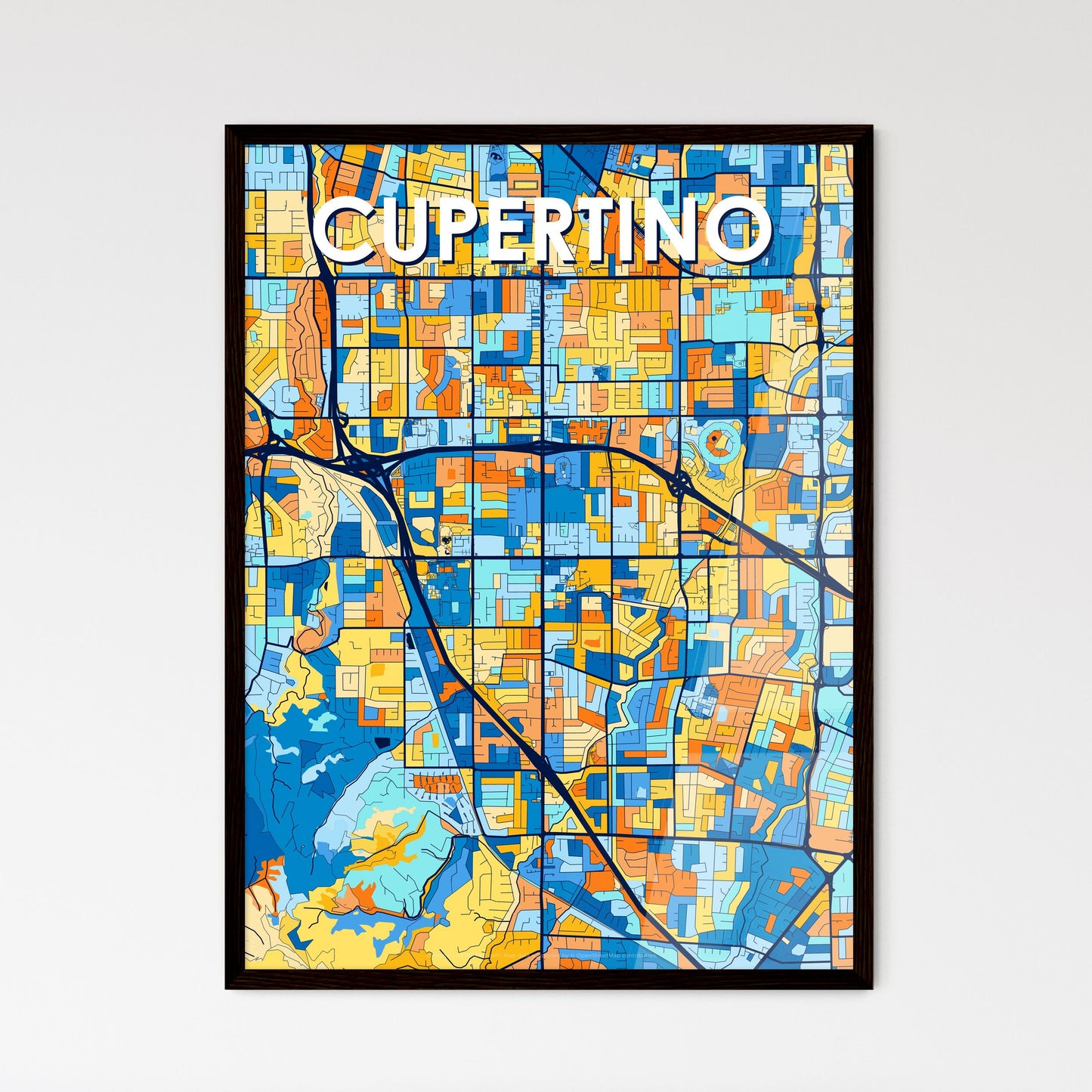 CUPERTINO CALIFORNIA Vibrant Colorful Art Map Poster Blue Orange