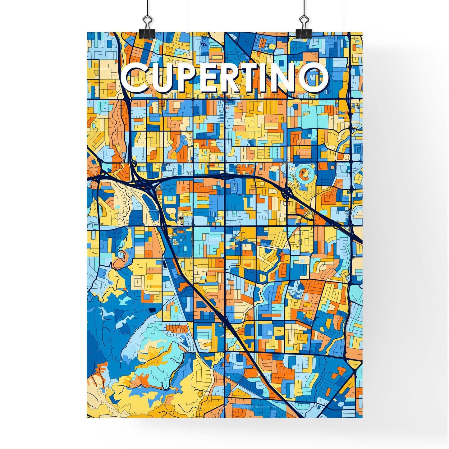 CUPERTINO CALIFORNIA Vibrant Colorful Art Map Poster Blue Orange