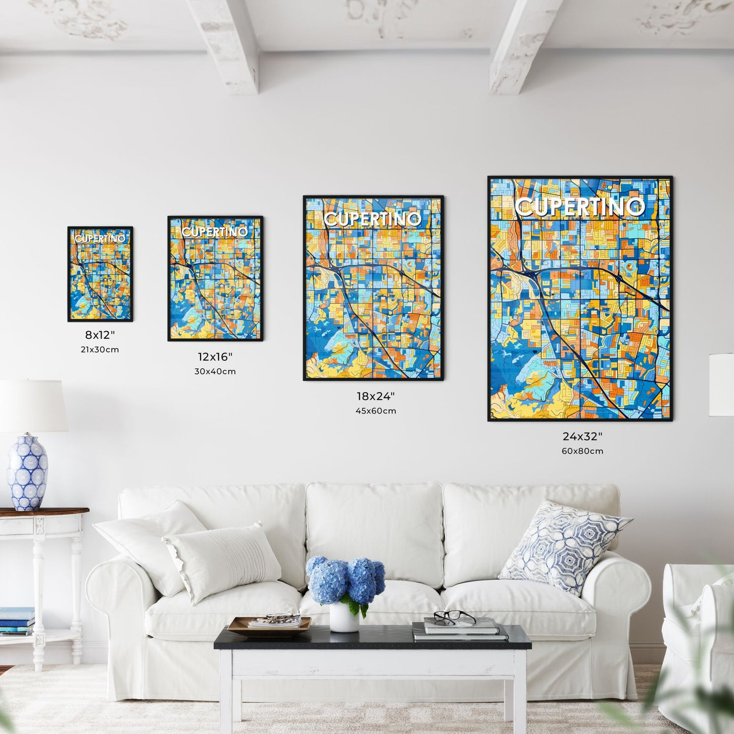 CUPERTINO CALIFORNIA Vibrant Colorful Art Map Poster Blue Orange