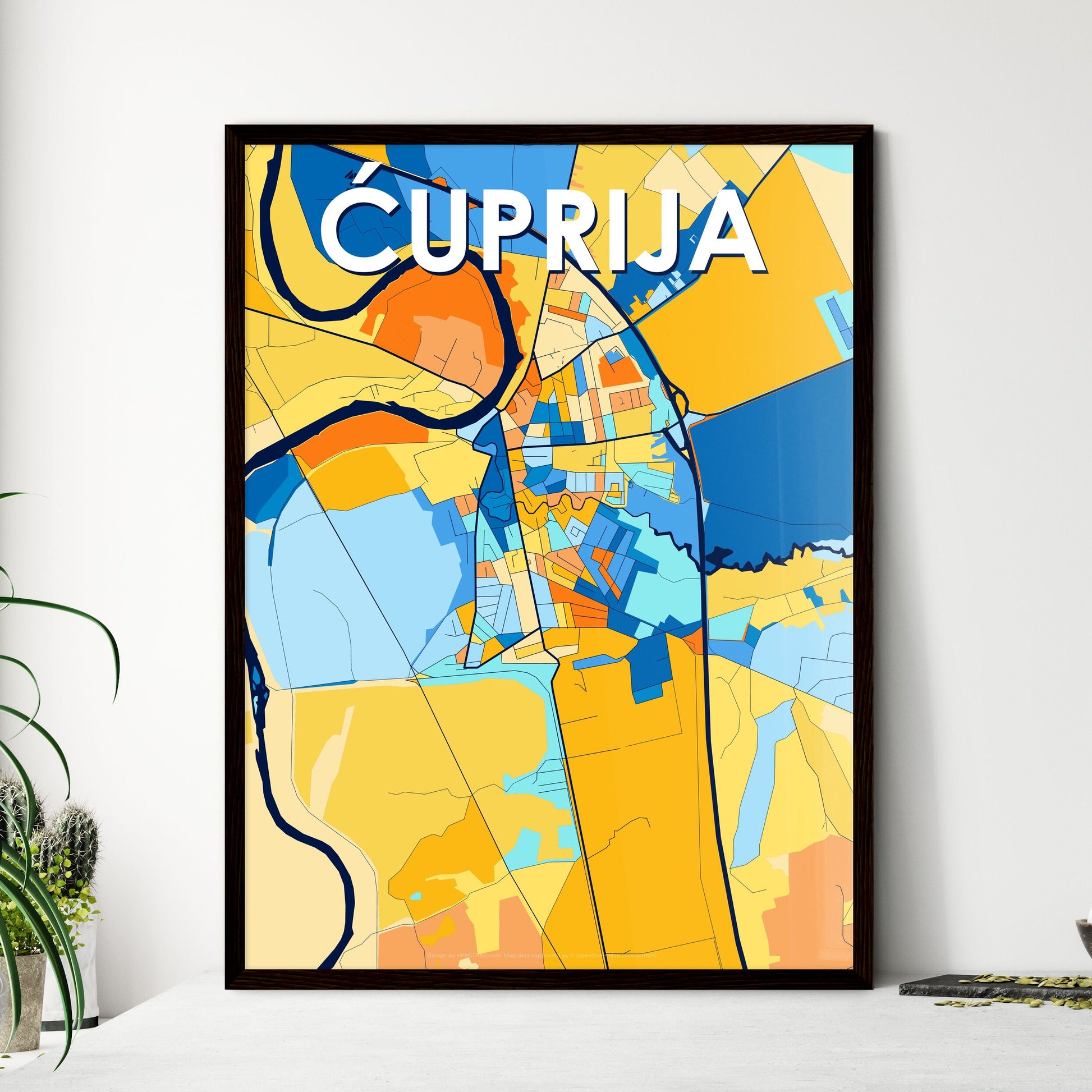 ĆUPRIJA SERBIA Vibrant Colorful Art Map Poster Blue Orange