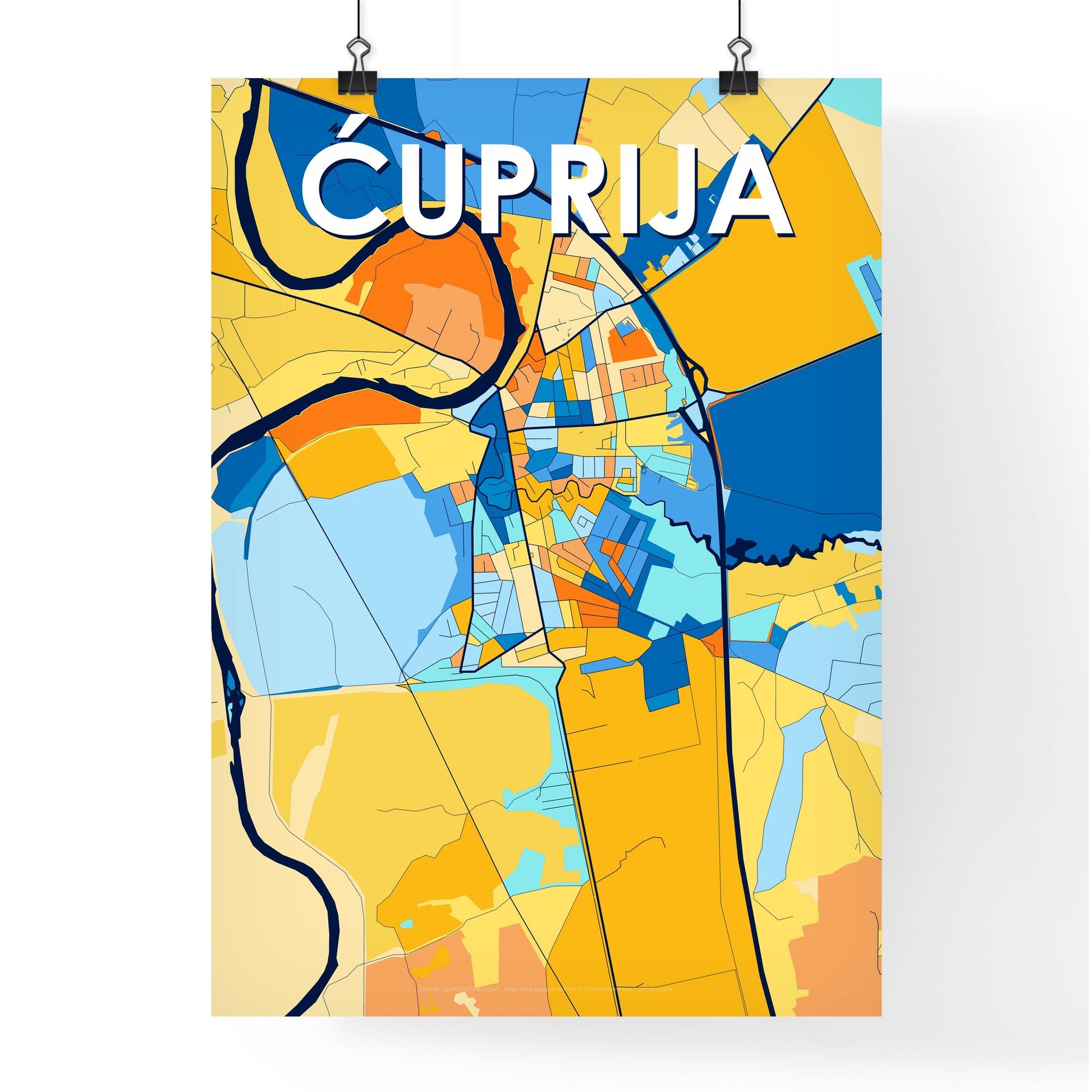 ĆUPRIJA SERBIA Vibrant Colorful Art Map Poster Blue Orange