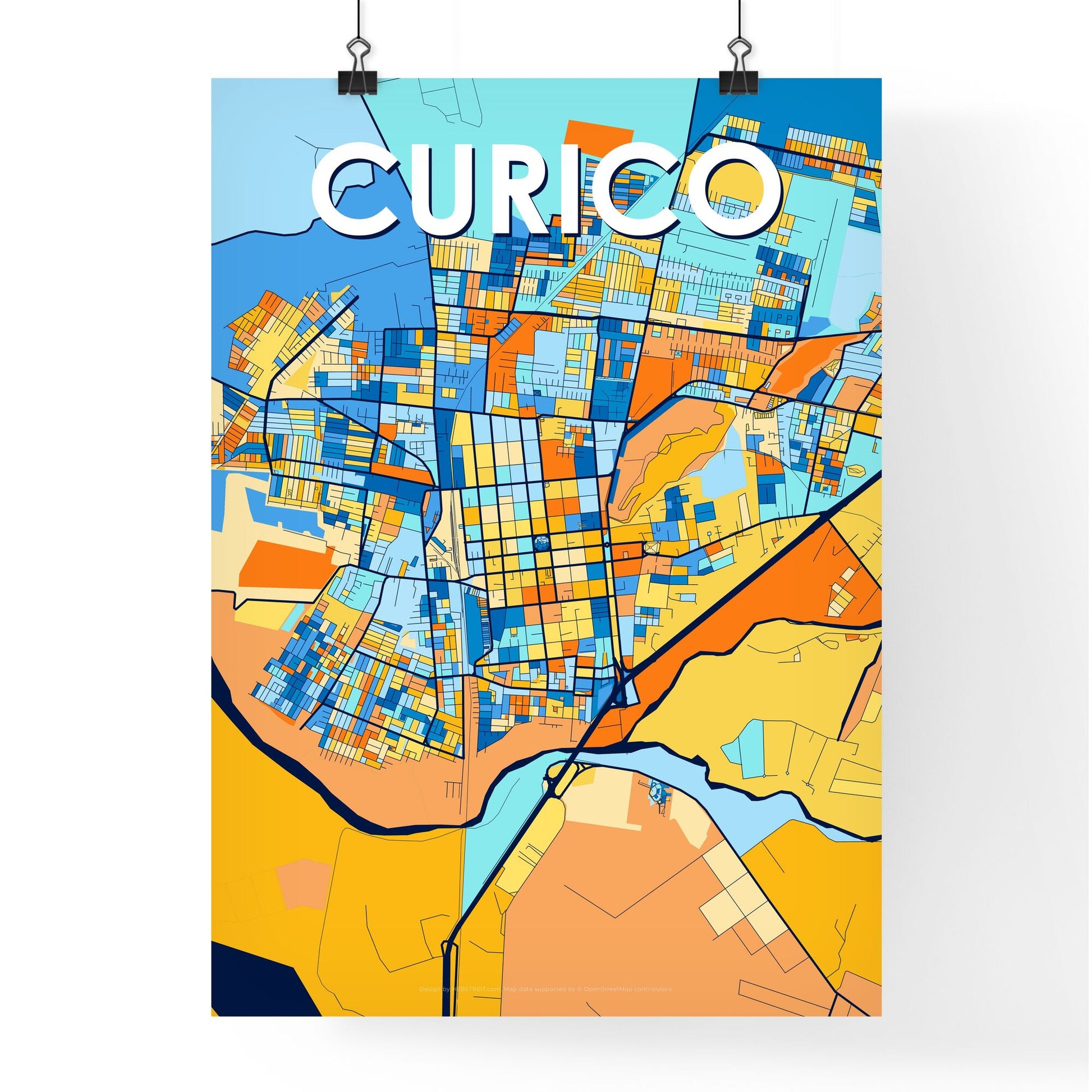 CURICO CHILE Vibrant Colorful Art Map Poster Blue Orange