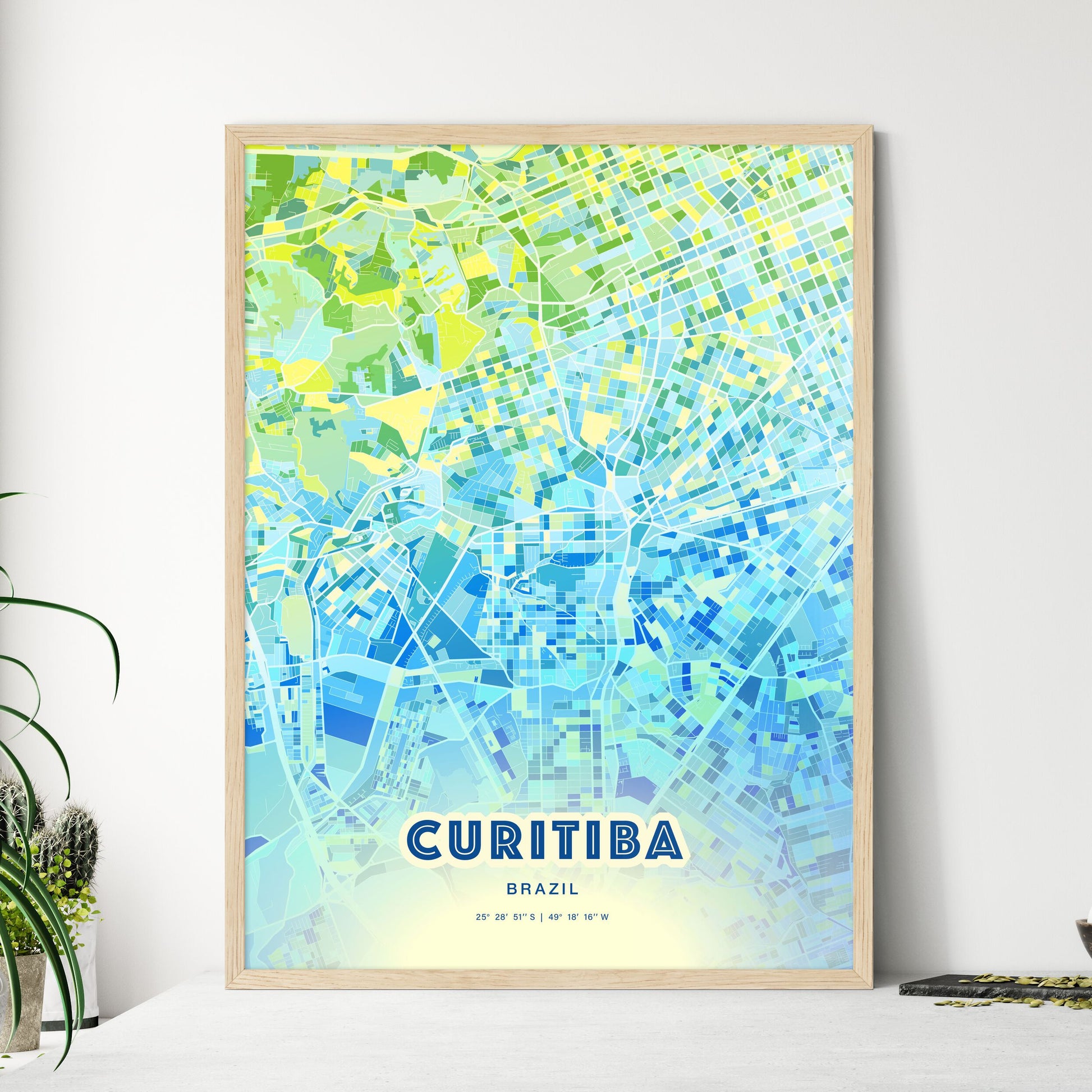 Colorful Curitiba Brazil Fine Art Map Cool Blue