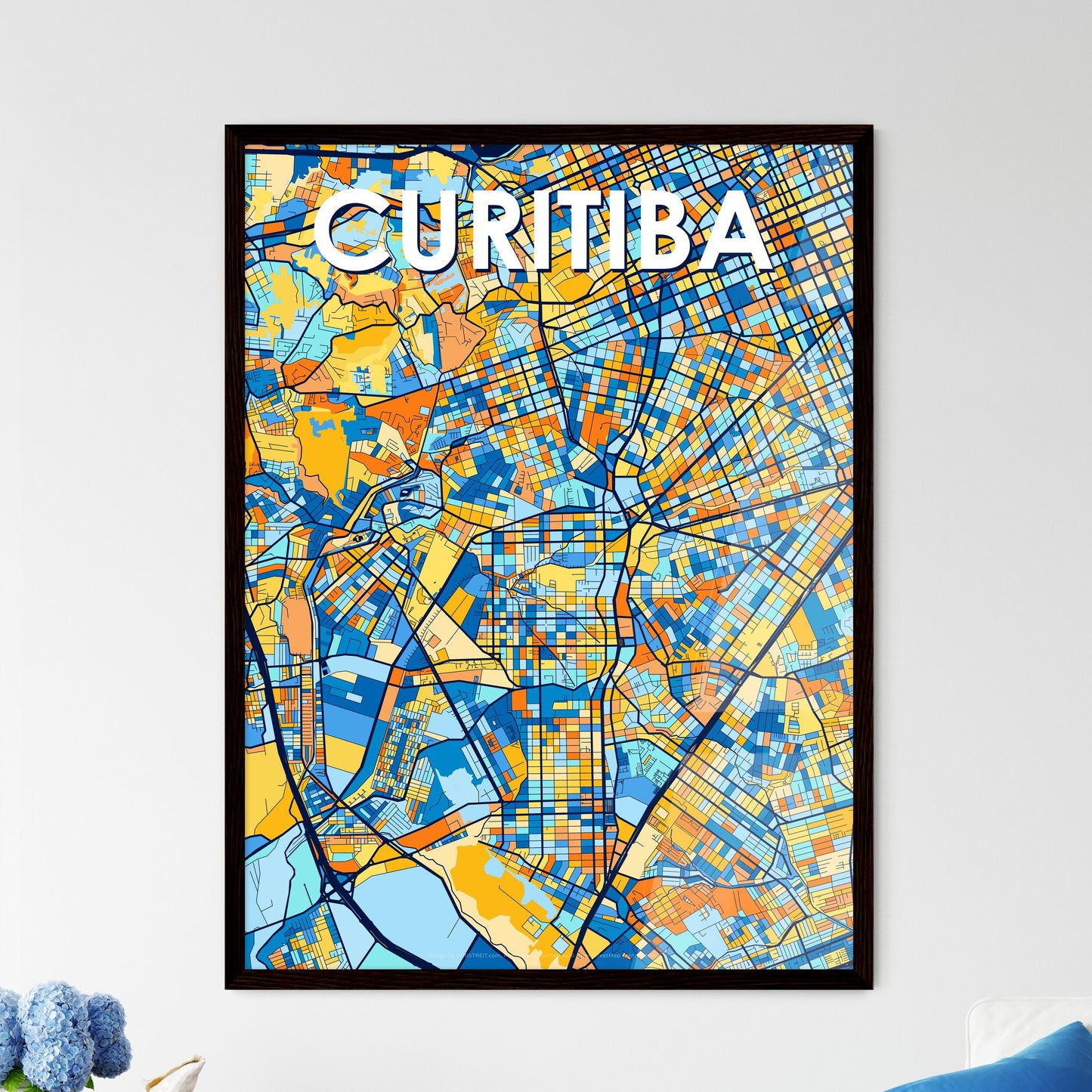 CURITIBA BRAZIL Vibrant Colorful Art Map Poster Blue Orange